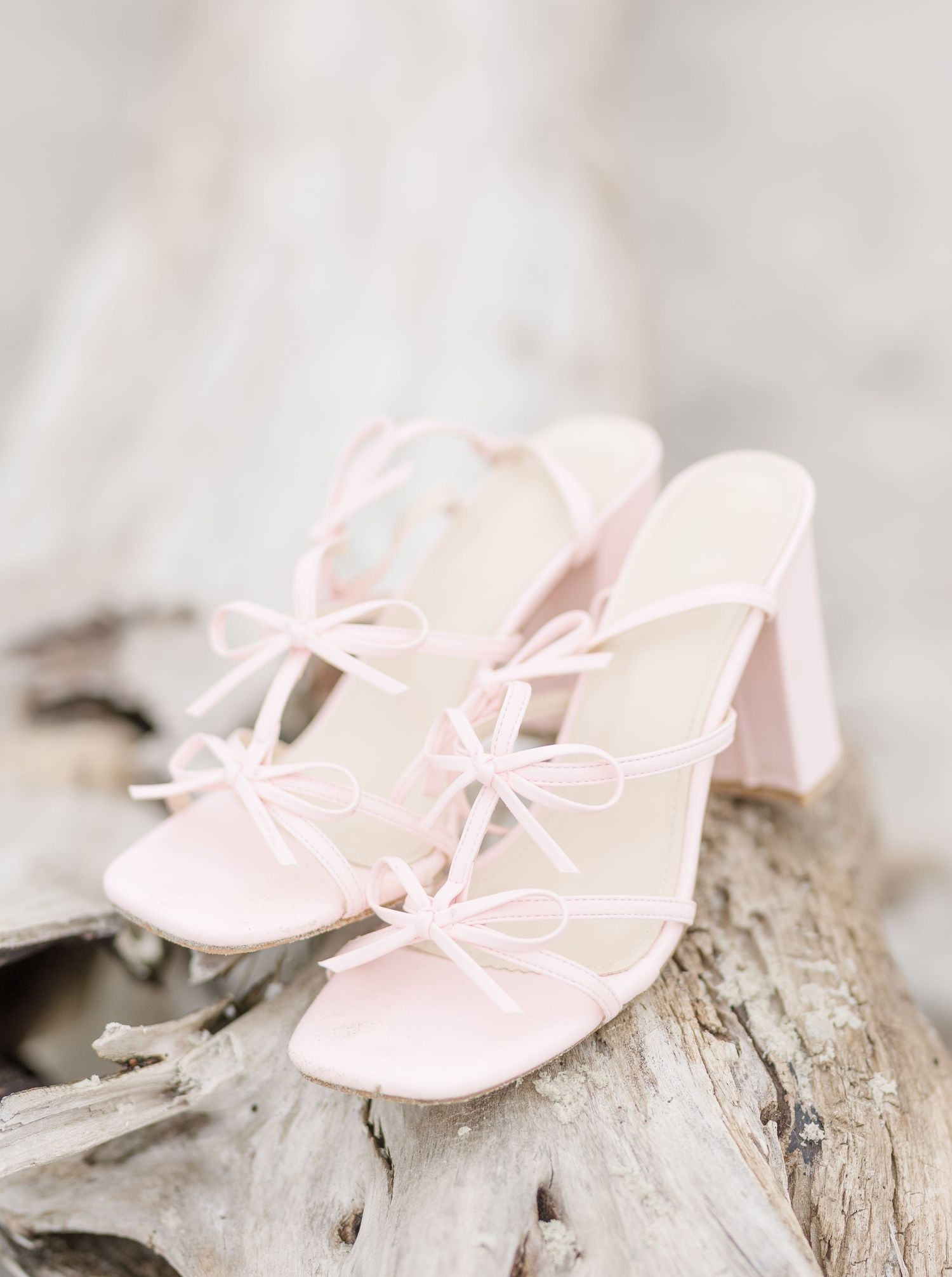 Pair of delicate pink ballet shoes arranged on weathered driftwood against a light background.