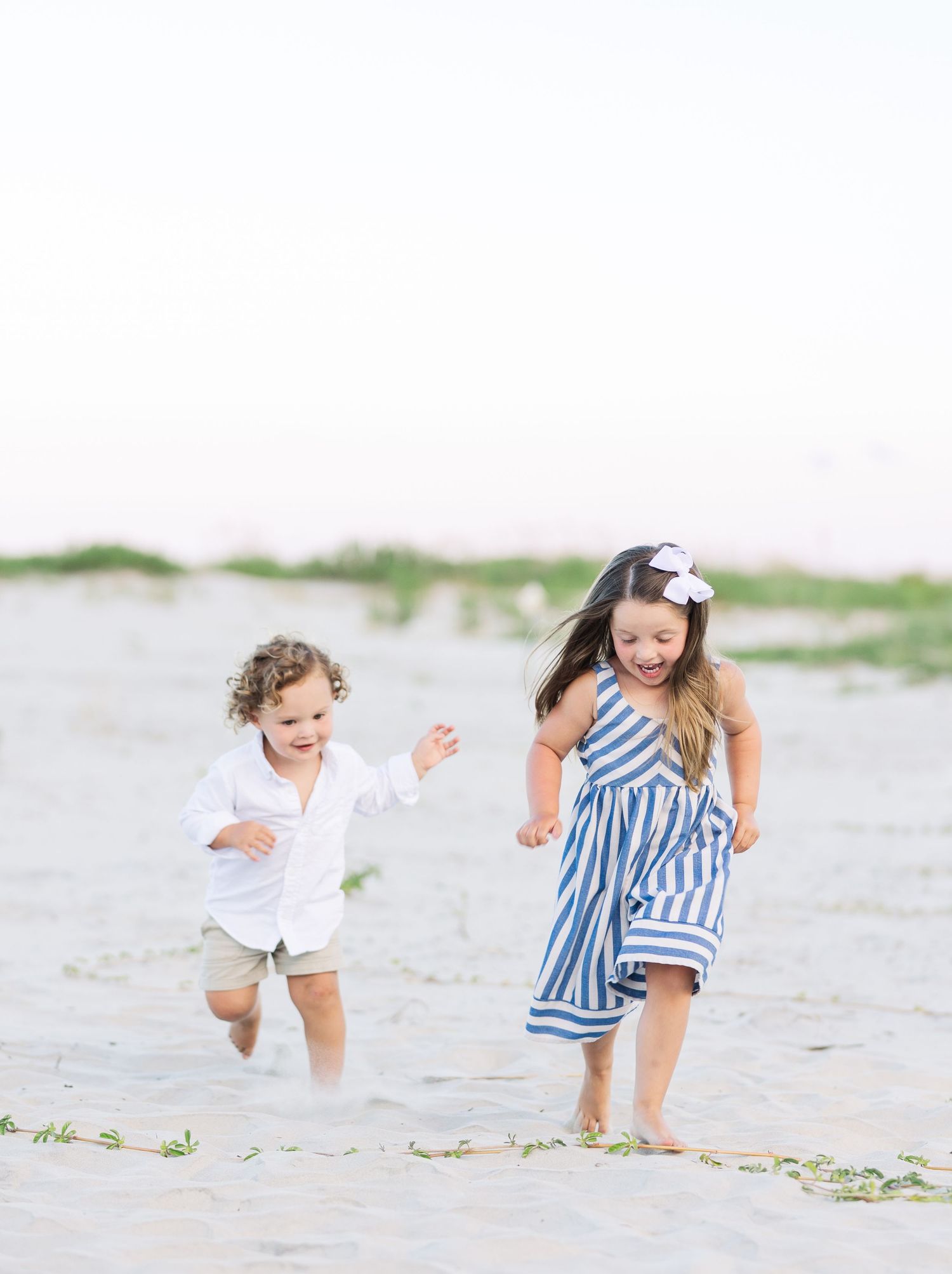 Sequence of joyful beach moments showing playful interactions in casual summer attire on sandy shoreline.