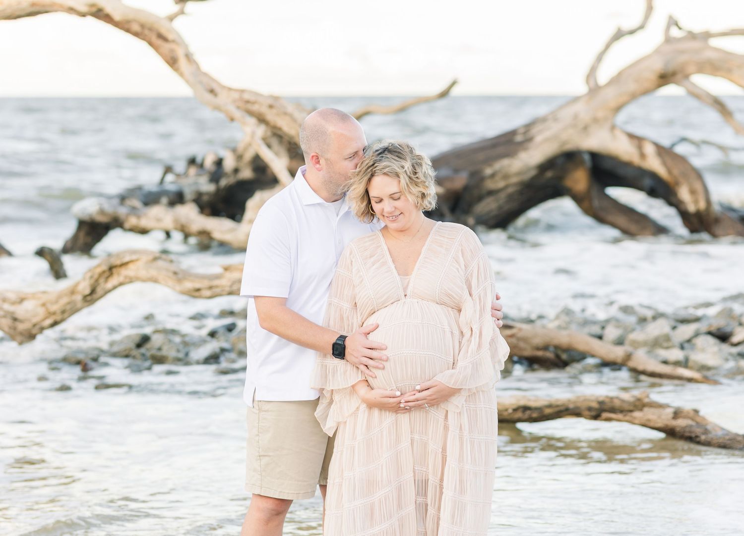 Dreamy beach scene with driftwood and gentle waves in the background.