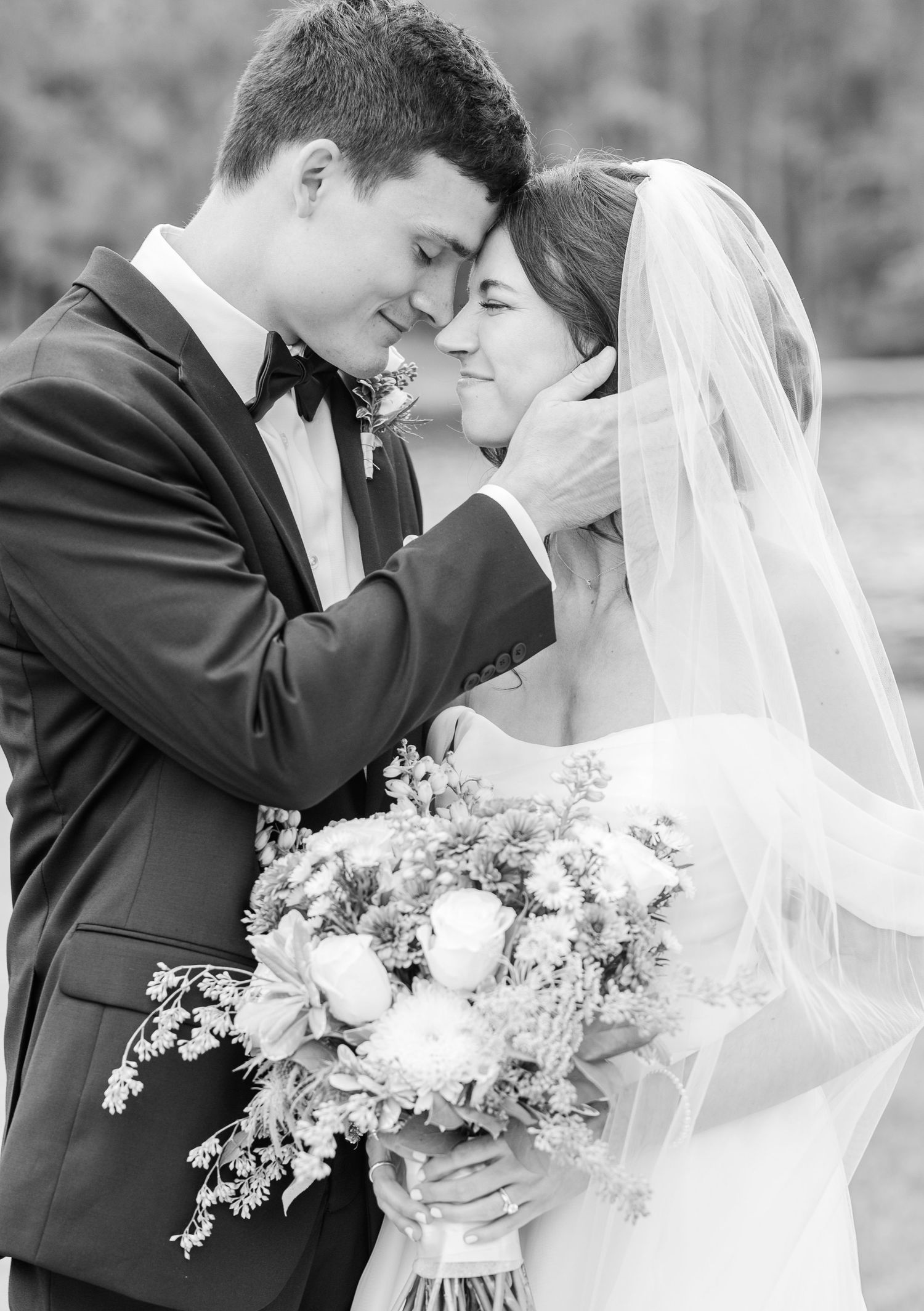 A romantic black and white wedding photo sequence showing tender moments between newlyweds with a bridal bouquet.