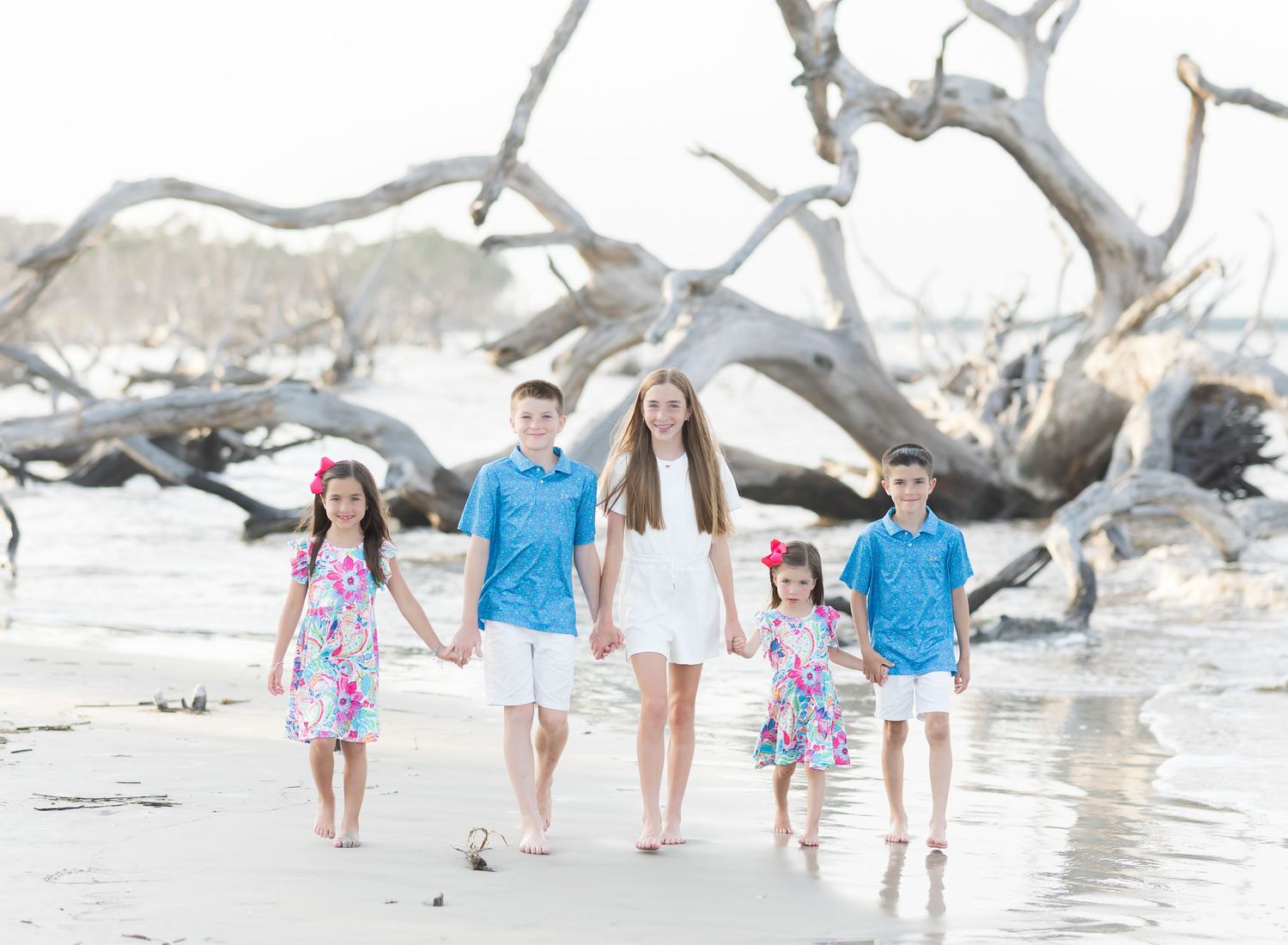 A family walks together on a sandy beach with weathered driftwood trees in the background.