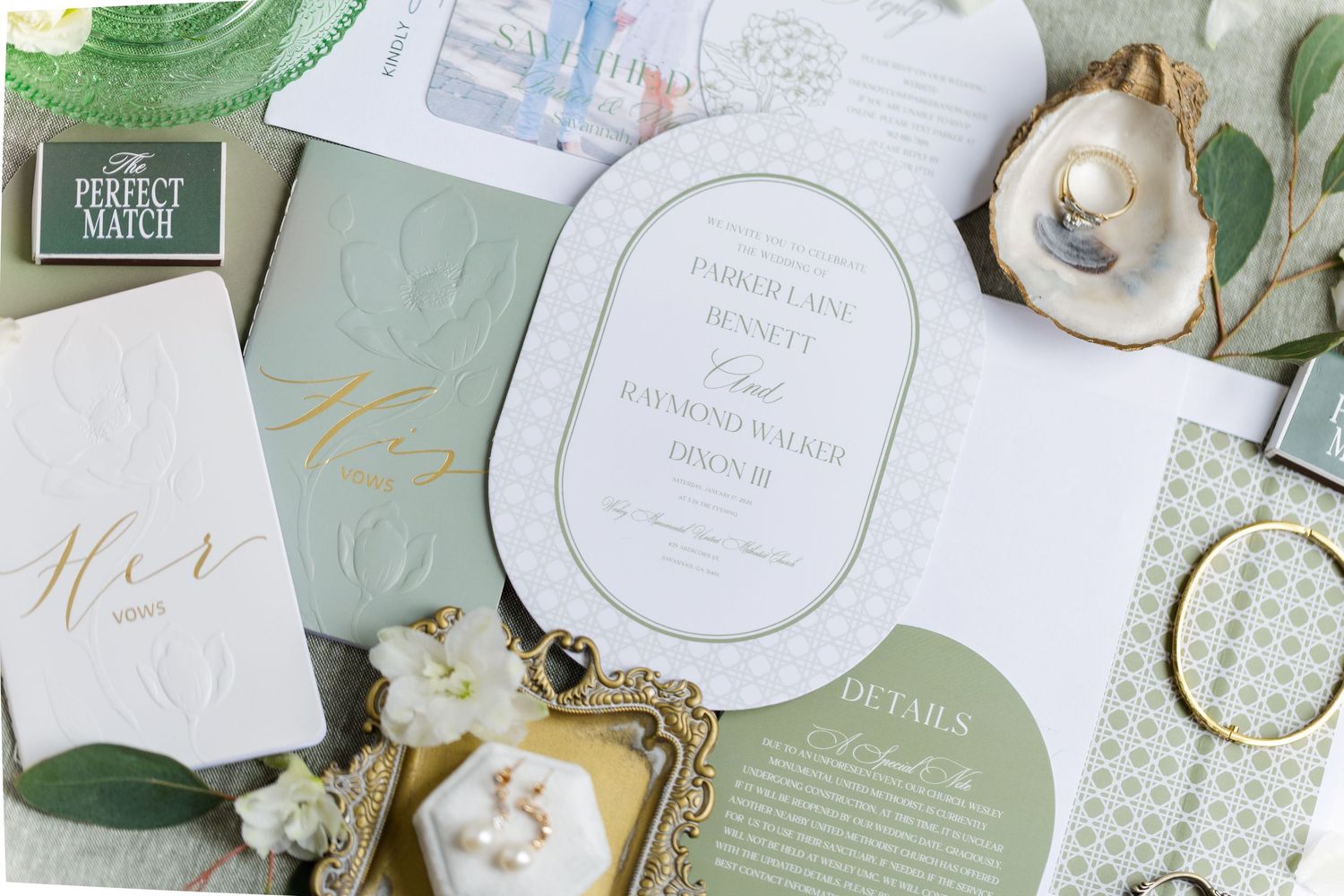Wedding stationery suite featuring sage green and white color scheme with elegant calligraphy.
