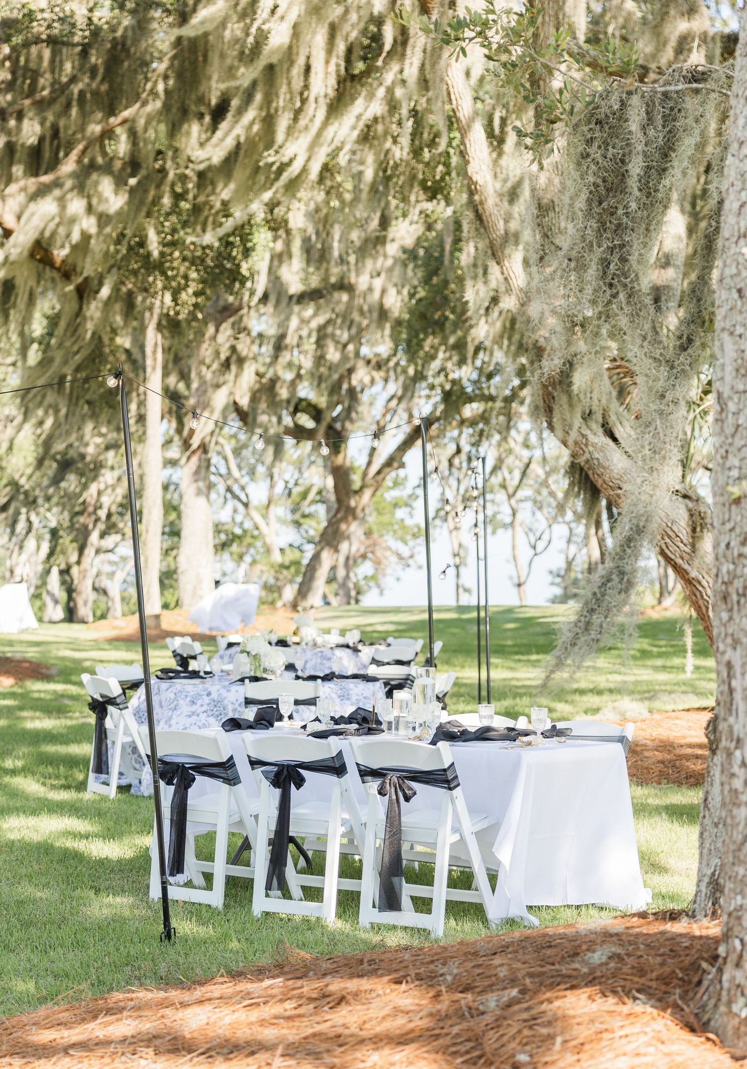 Elegant outdoor wedding reception table set under Spanish moss-draped oak trees with white chairs and black sash accents.