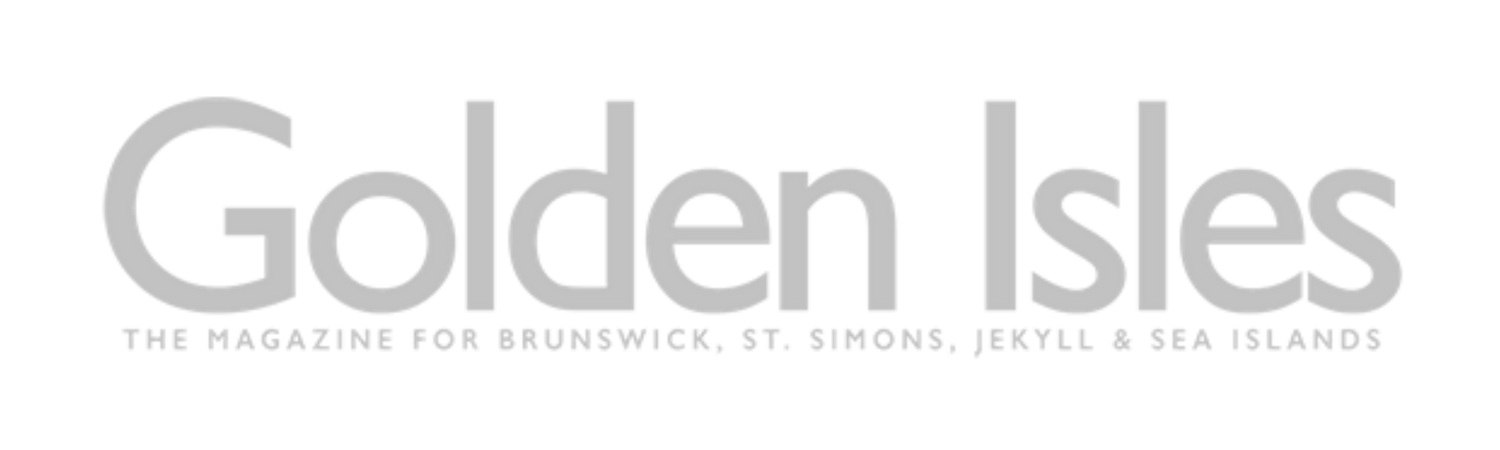 Silver metallic text logo for Golden Isles against black background.