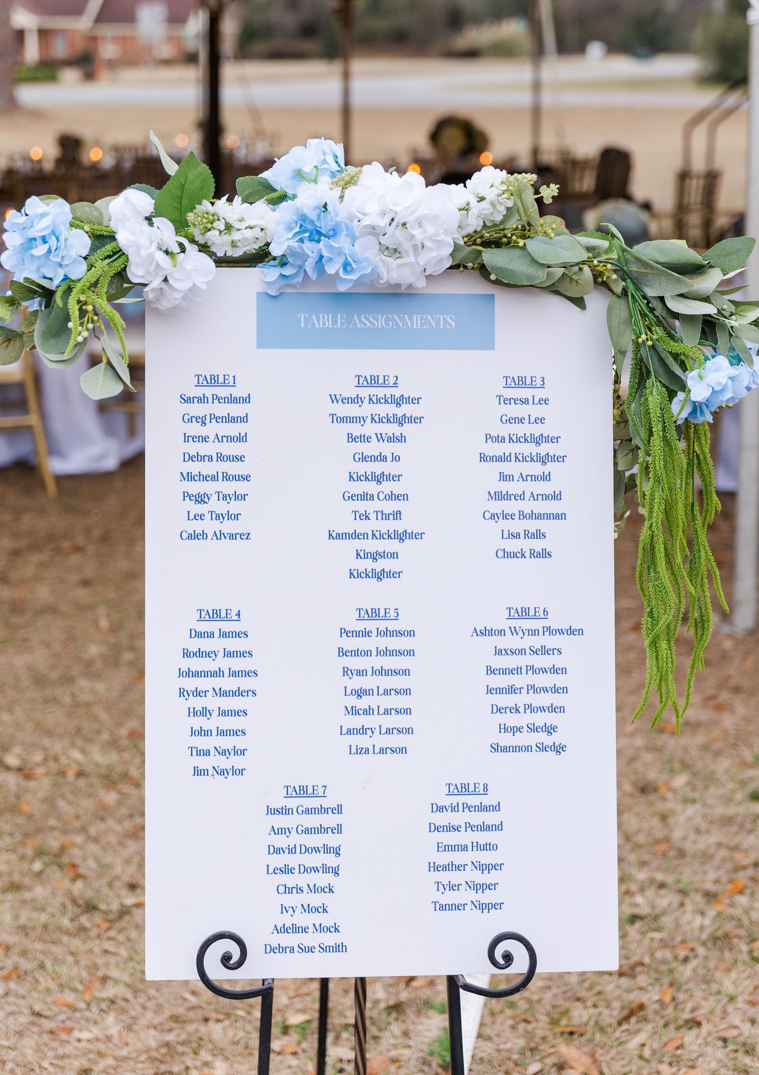 Wedding seating chart display decorated with blue hydrangeas and greenery on easel.