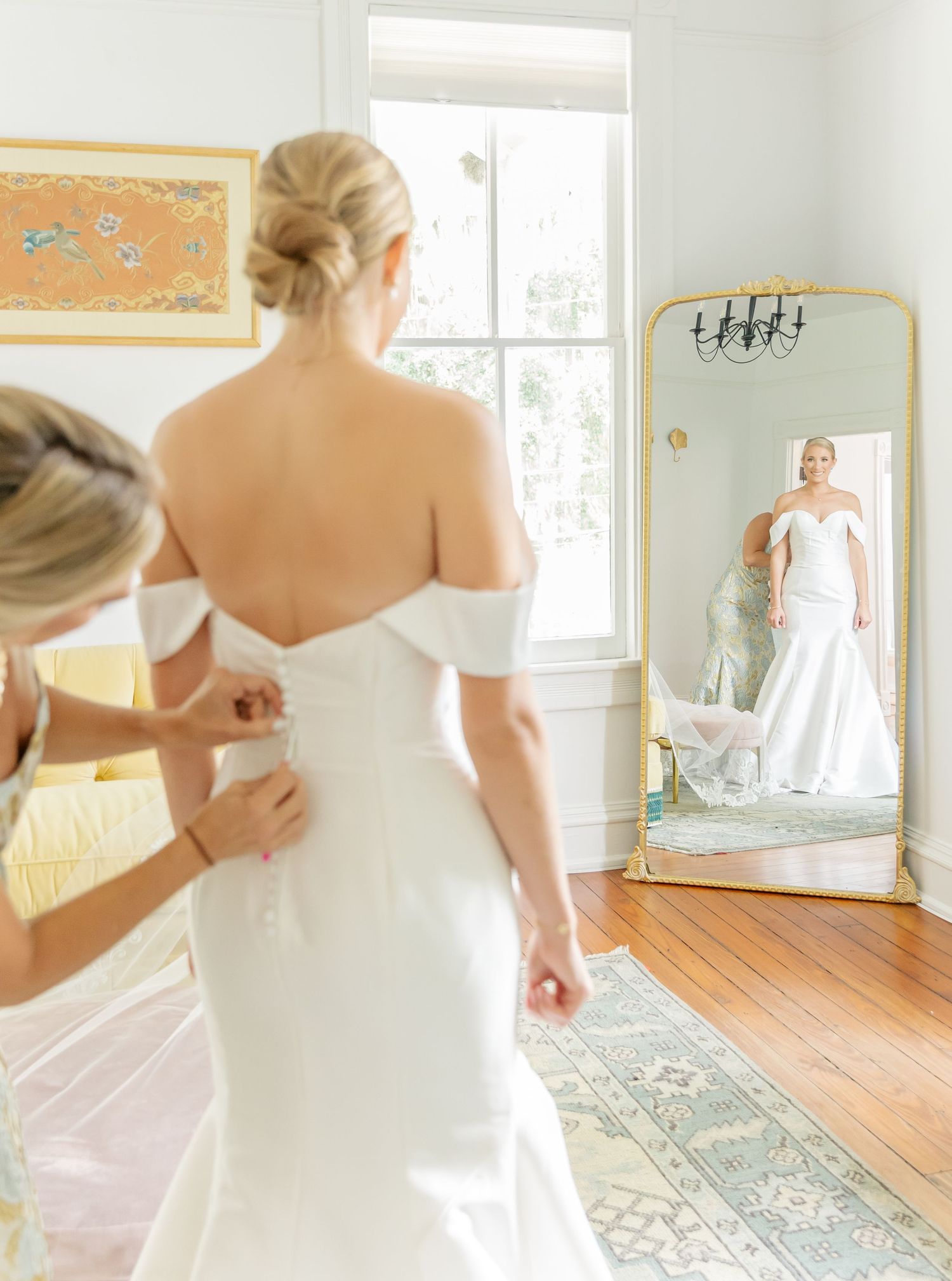 Series of getting ready moments captured in bright sunlit room with ornate mirror.