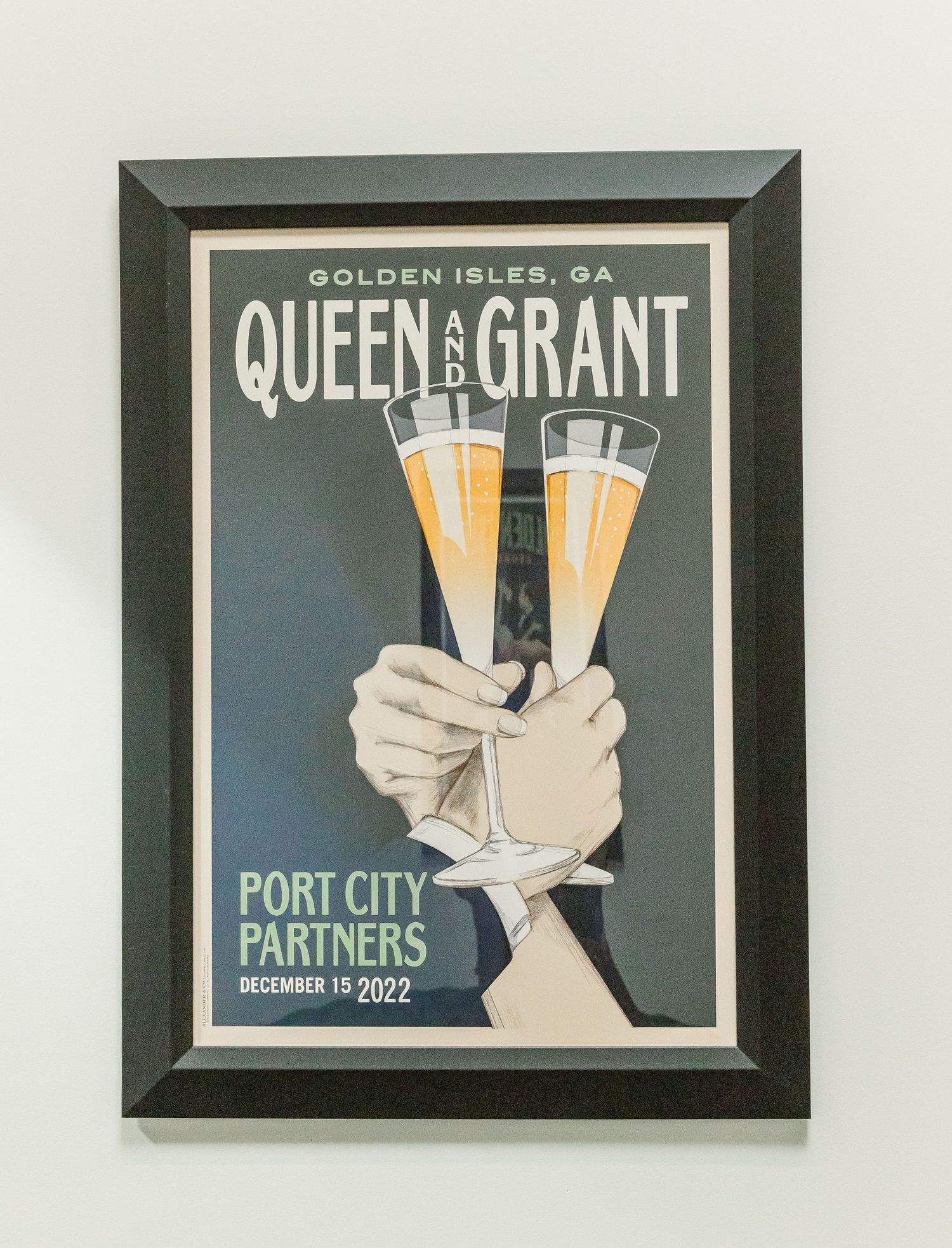 Series of framed wedding signs displayed on a wall showing wedding details and location information.