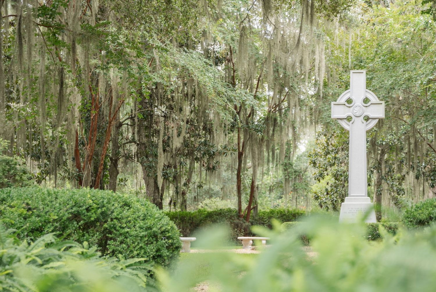 A white Celtic cross grave marker stands among Spanish moss draped trees in a peaceful southern cemetery.