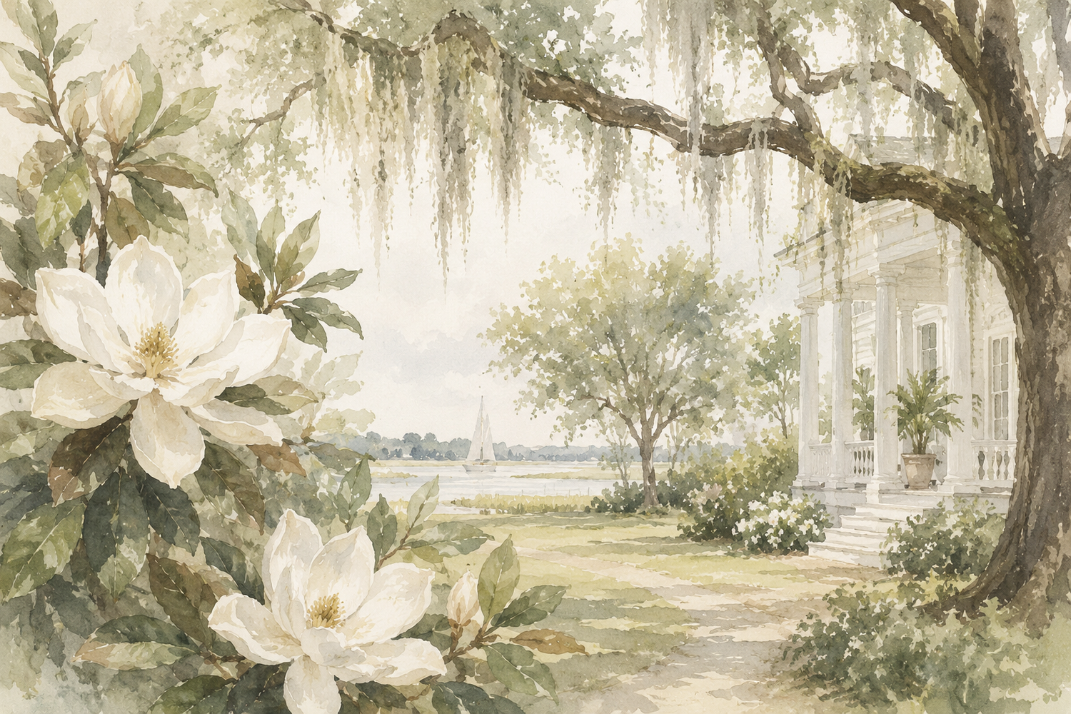 Watercolor painting of a Southern plantation with white magnolias, Spanish moss, oak trees, and a serene waterway in soft greens.