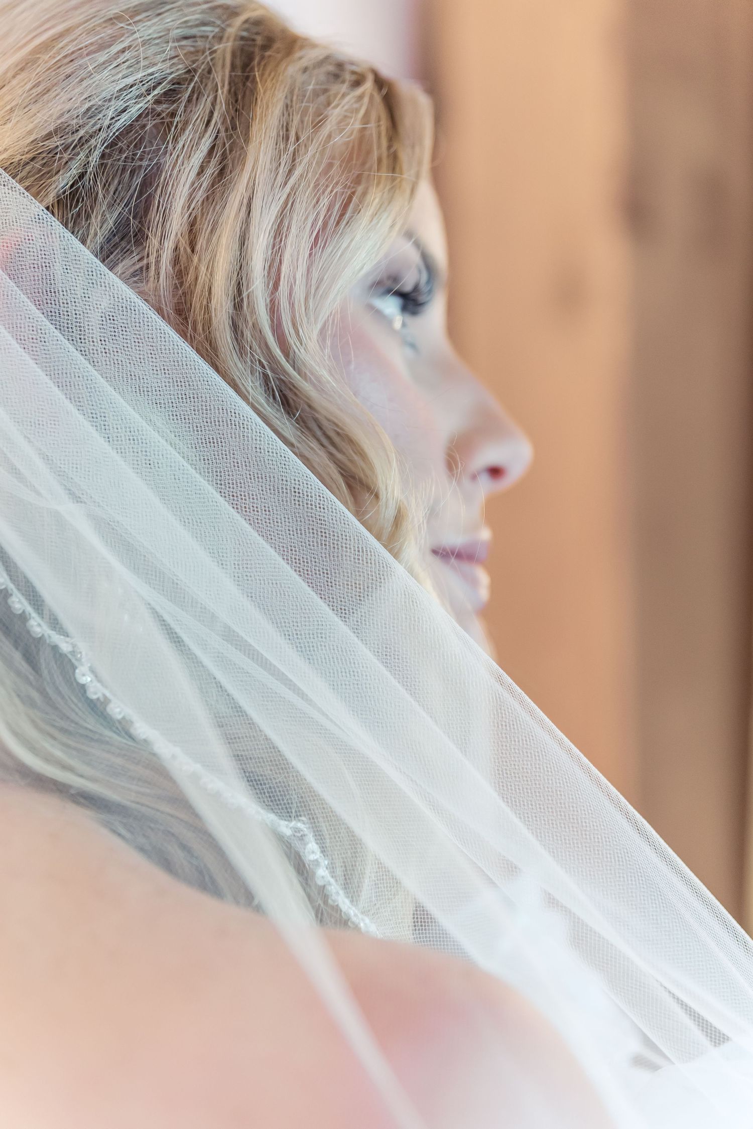 Side profile view of a bride wearing a delicate veil against a soft background.