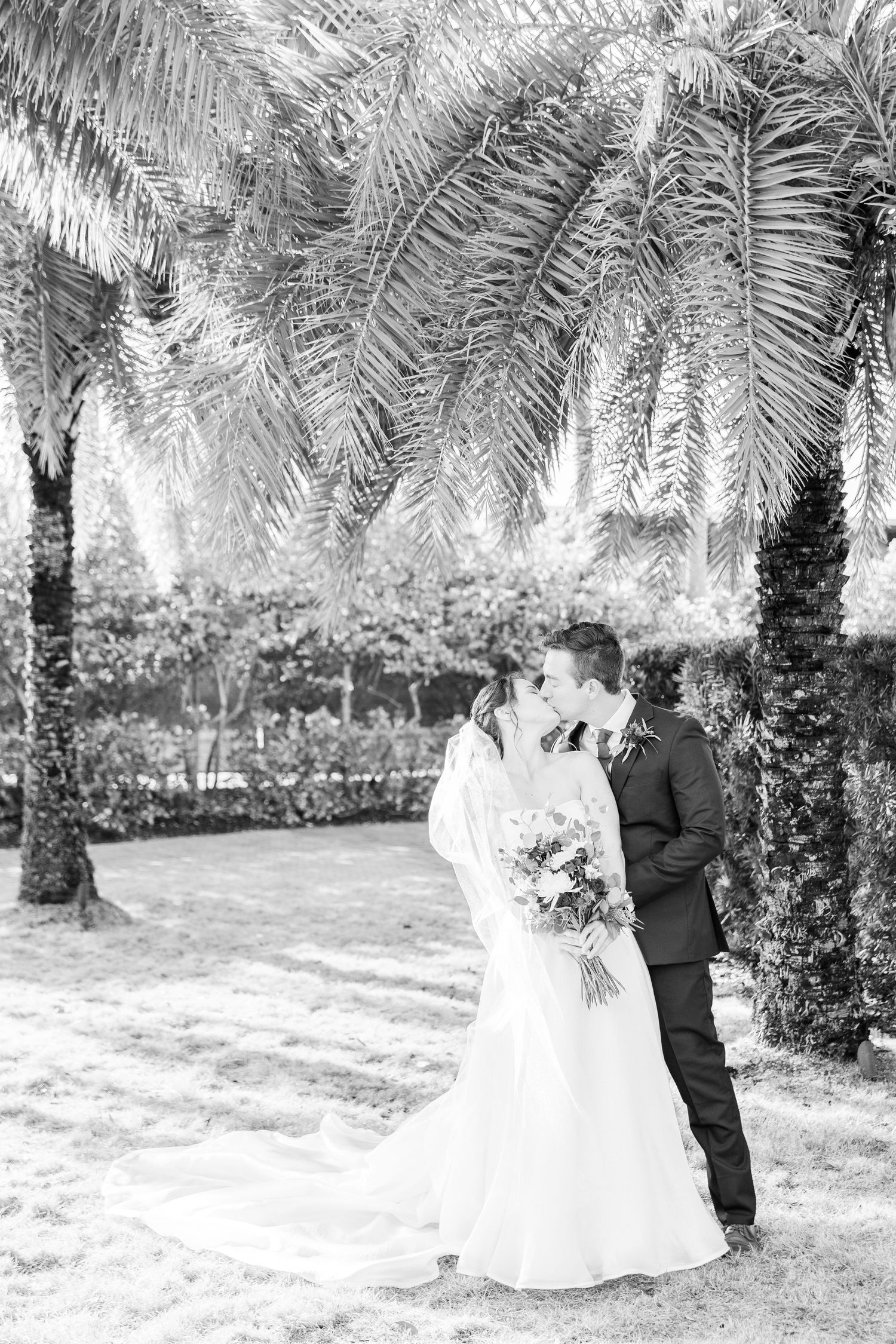 Black and white wedding portrait under palm trees in garden setting.