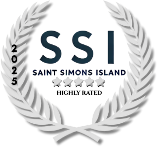 A circular laurel wreath logo for Saint Simons Island with SSI text and 'Highly Rated' designation from 2015.