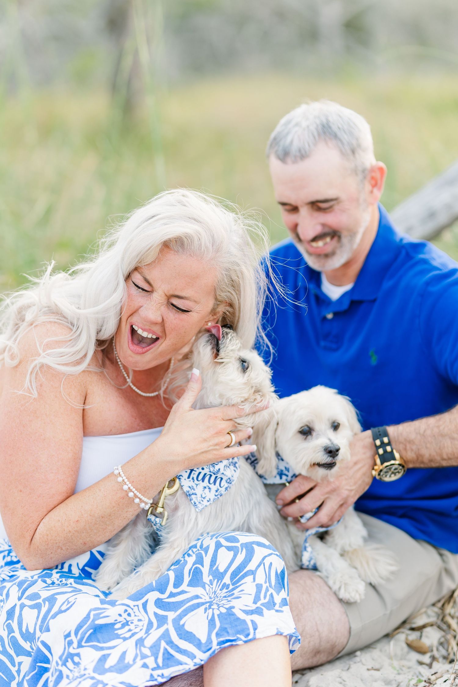 A joyful moment shared between a couple and their small dogs on the beach.