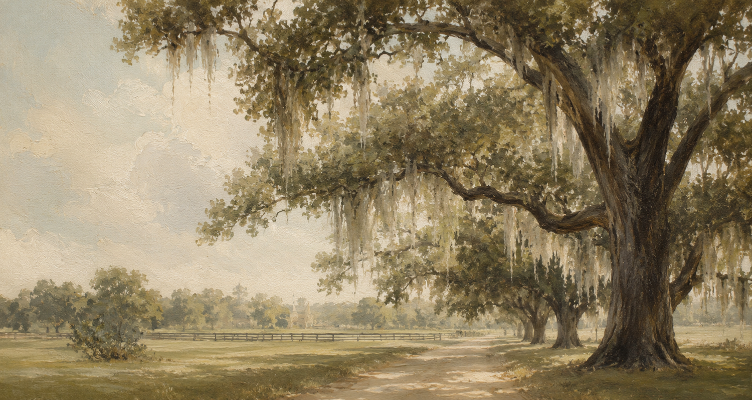 Majestic Southern live oak trees draped with Spanish moss along a scenic plantation pathway.