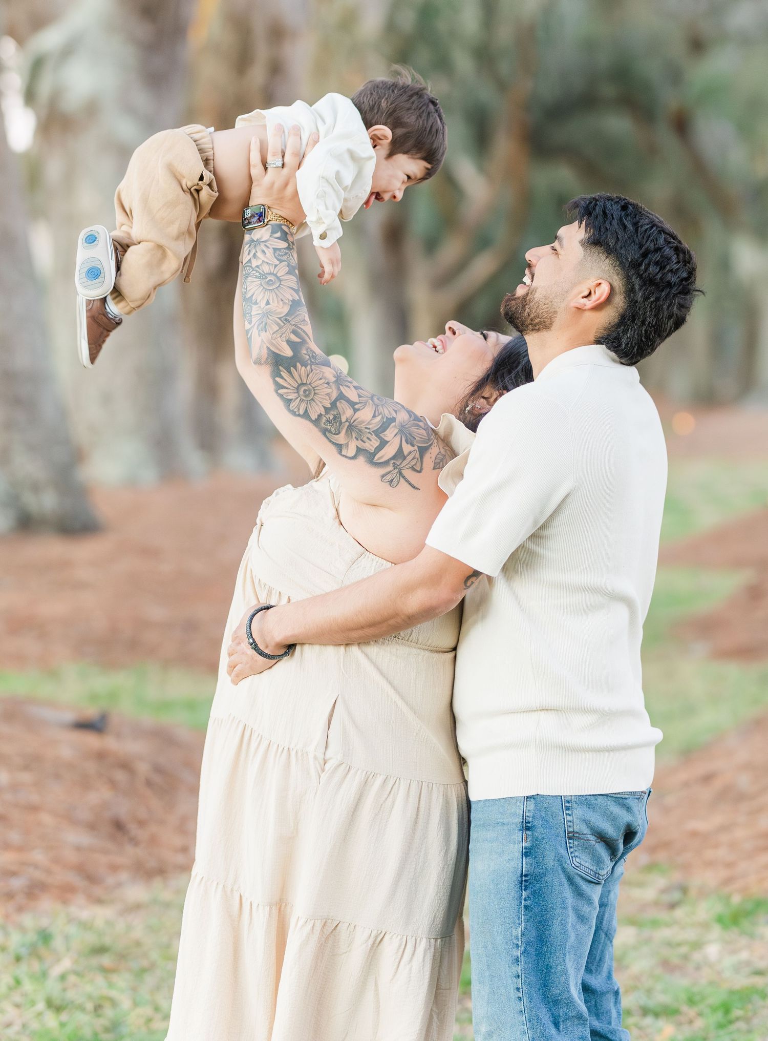 Candid family photos showing loving interactions and laughter in a park setting at golden hour.