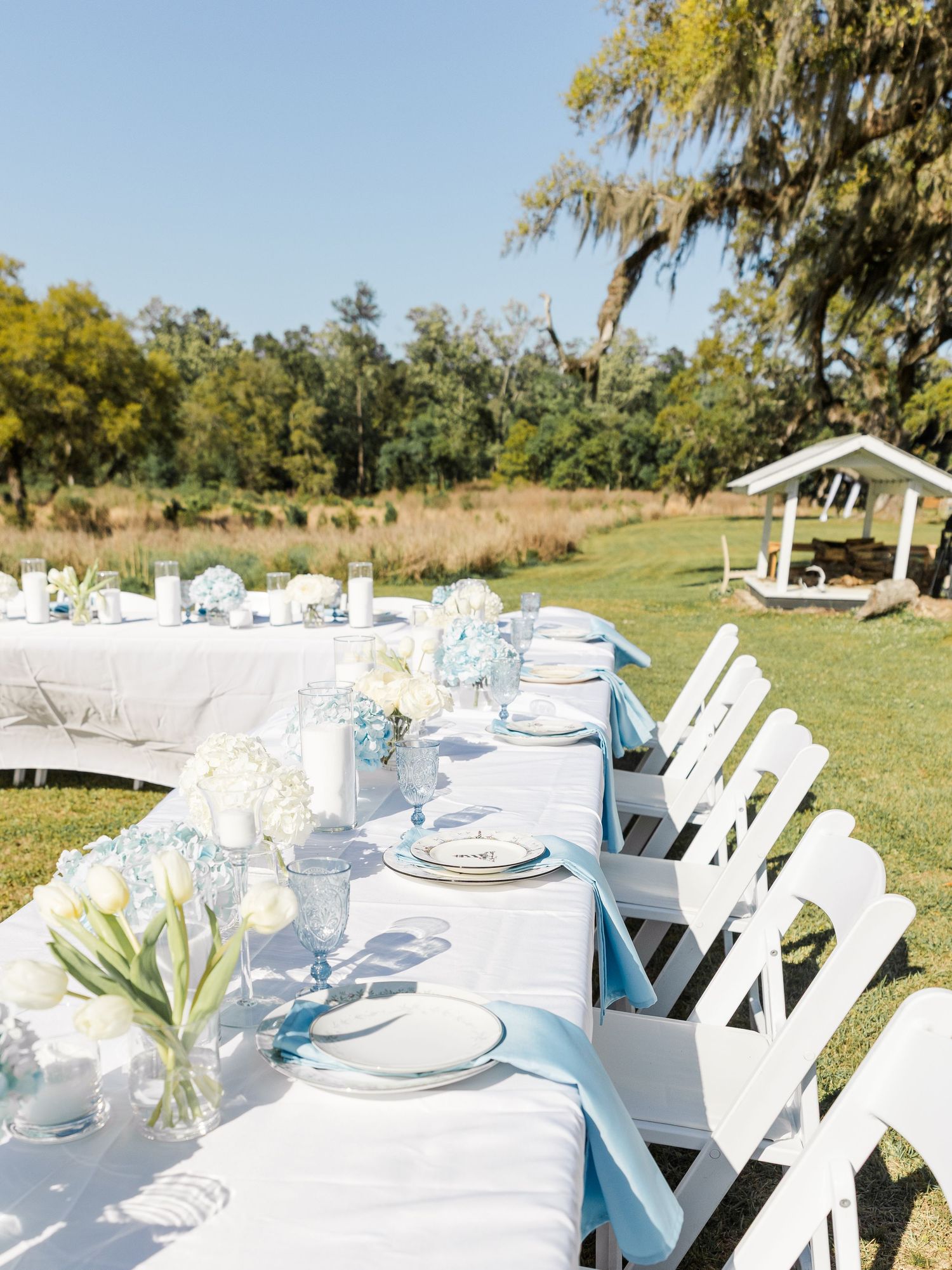 Elegant outdoor wedding reception table with white linens, blue accents, hydrangea centerpieces, and white folding chairs on green lawn.