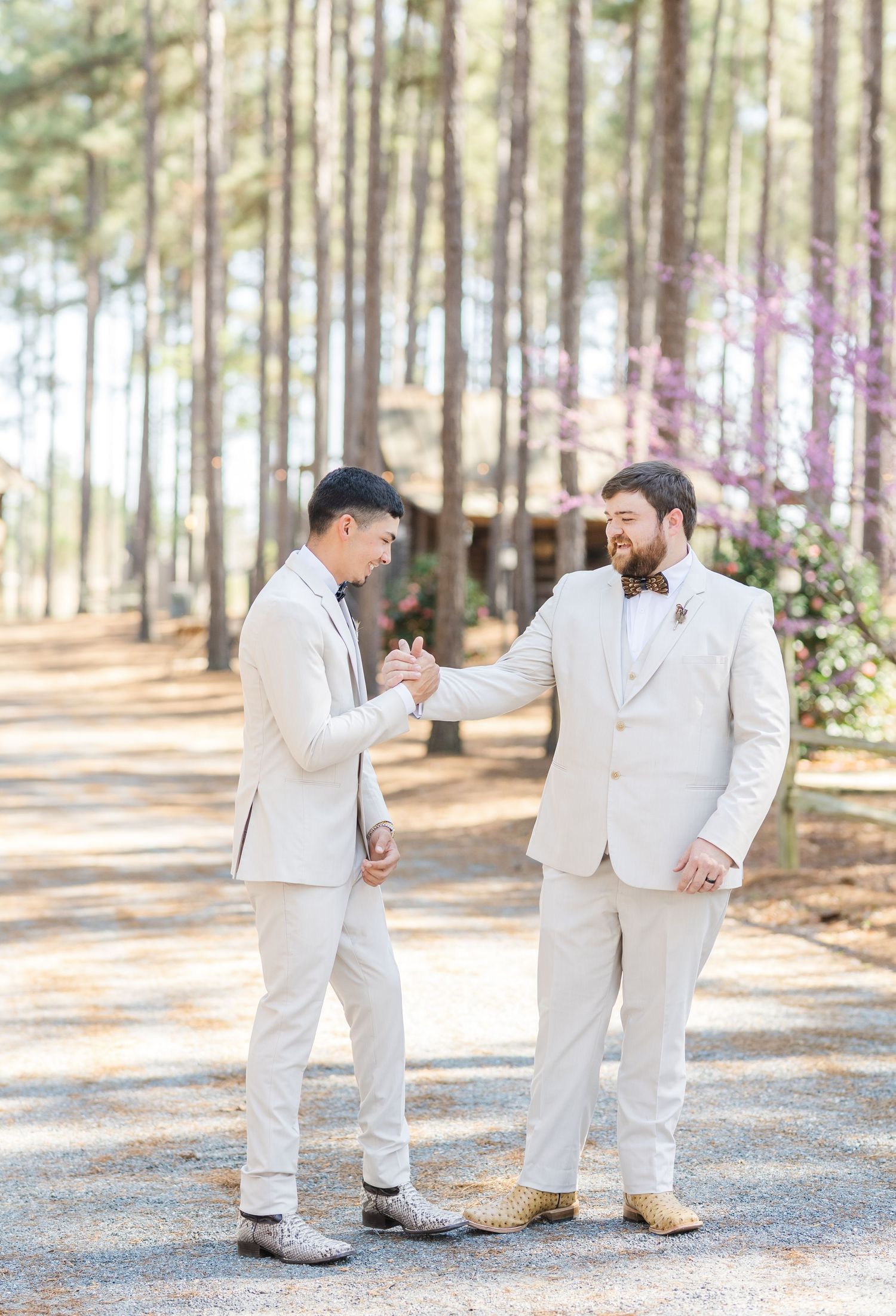 Two groomsmen in ivory suits share a moment on a pine tree-lined gravel path.