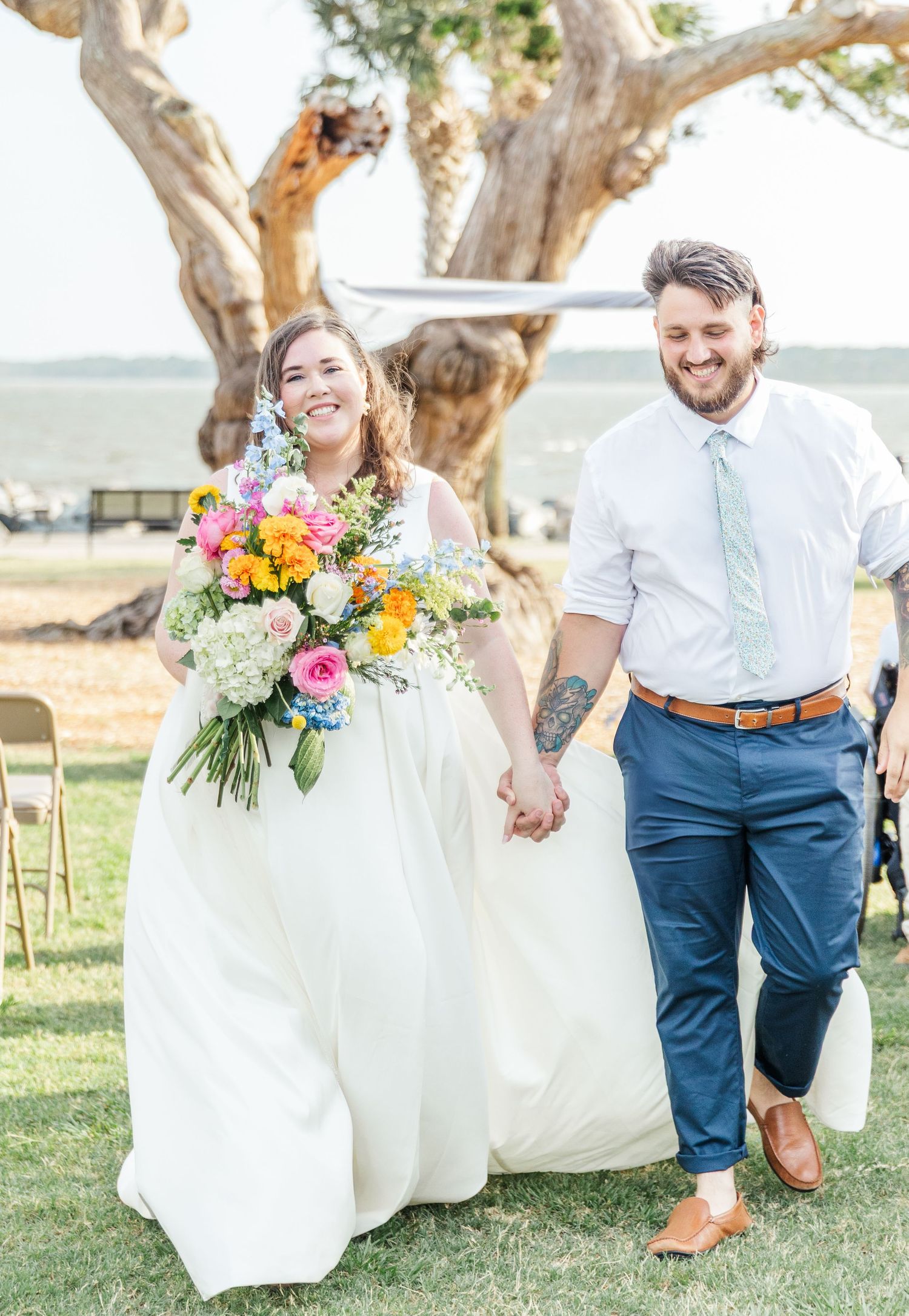 Collage of wedding photos showing bride and groom walking outdoors with colorful bouquet and rustic details.