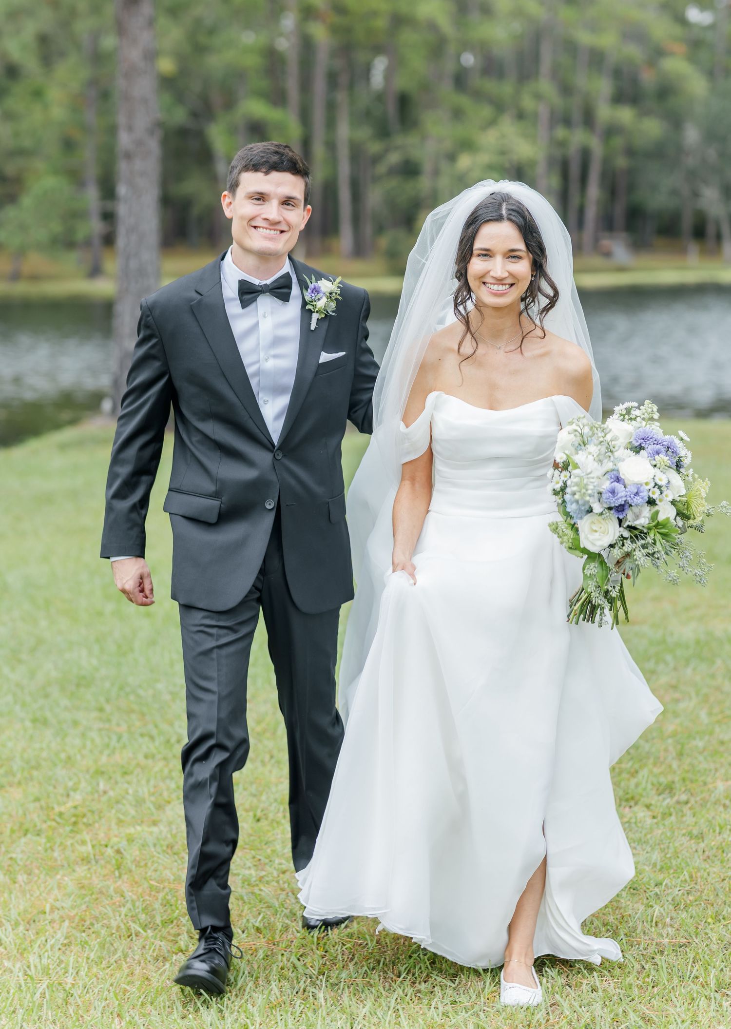 A series of wedding photos showing a couple walking and smiling together in a scenic outdoor setting.