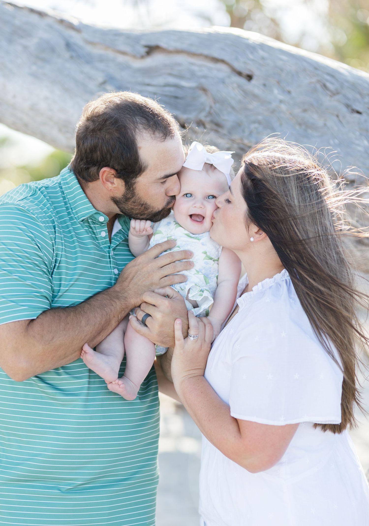 Joyful family candid moments captured in sequence showing laughter and affection against a light outdoor background.
