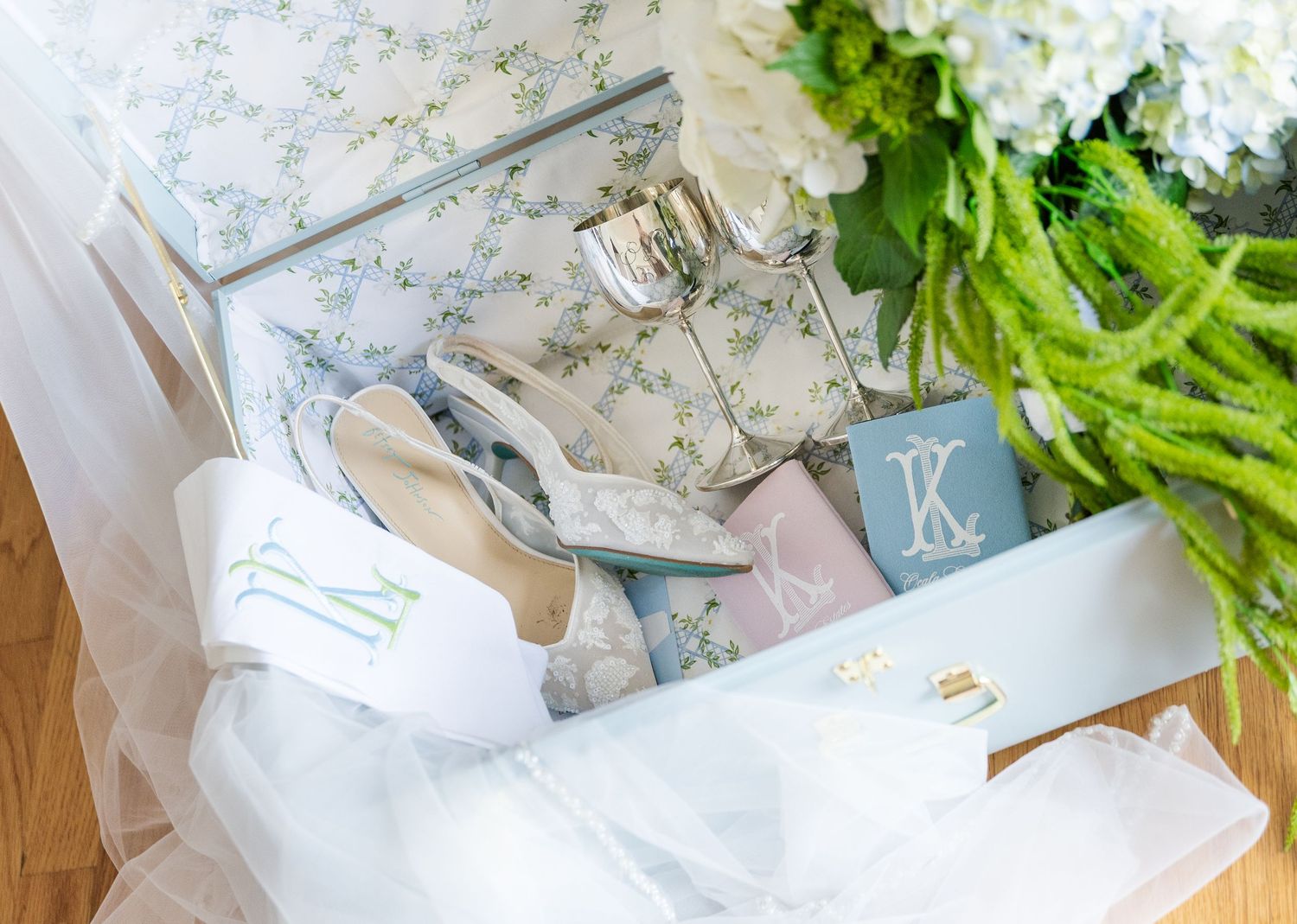 Bridal flat lay with lace heels, monogrammed items, bouquet, and accessories in floral box.