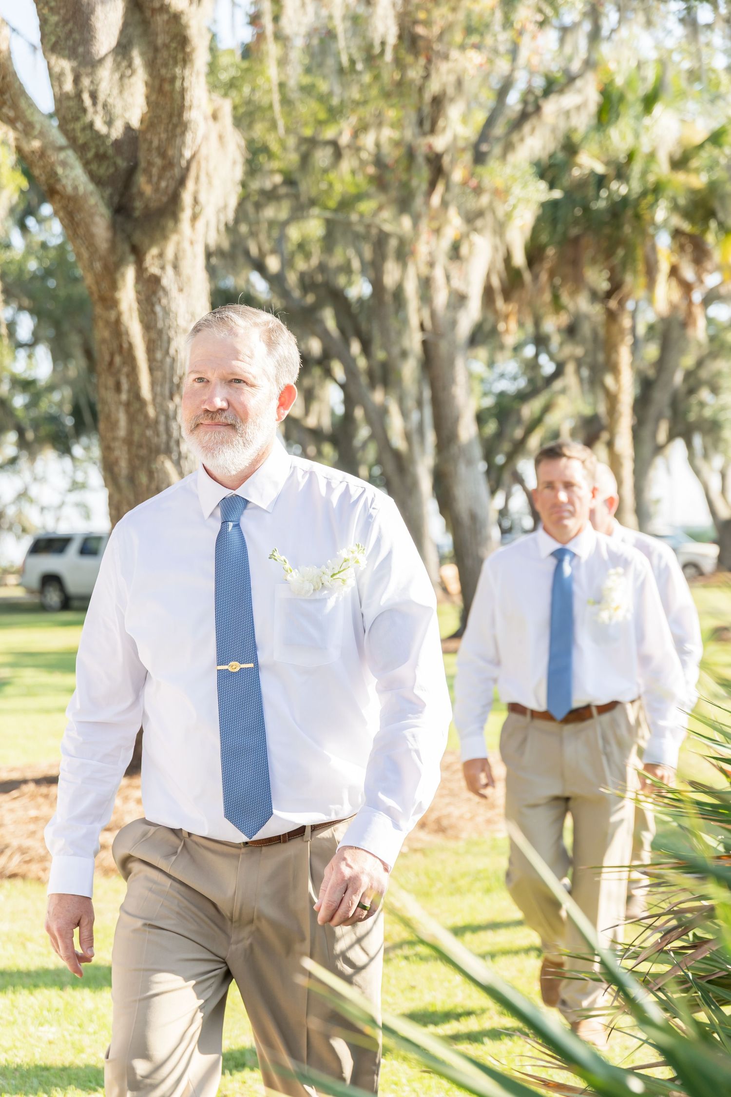 A sequence of photos showing a person in a white shirt and blue tie walking through a sunny garden with Spanish moss.