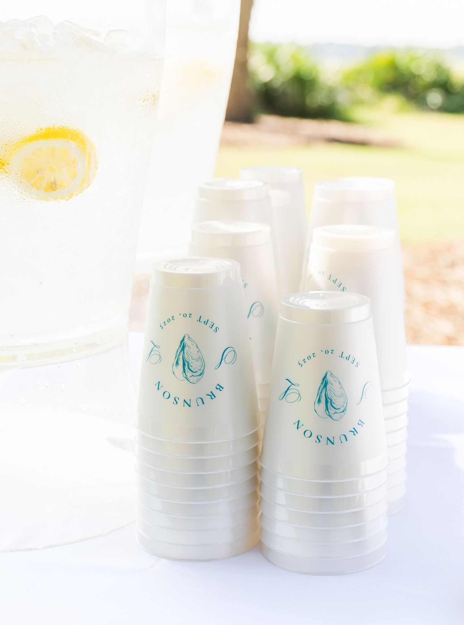 White paper cups with turquoise logo branding arranged neatly on a white surface in natural light.