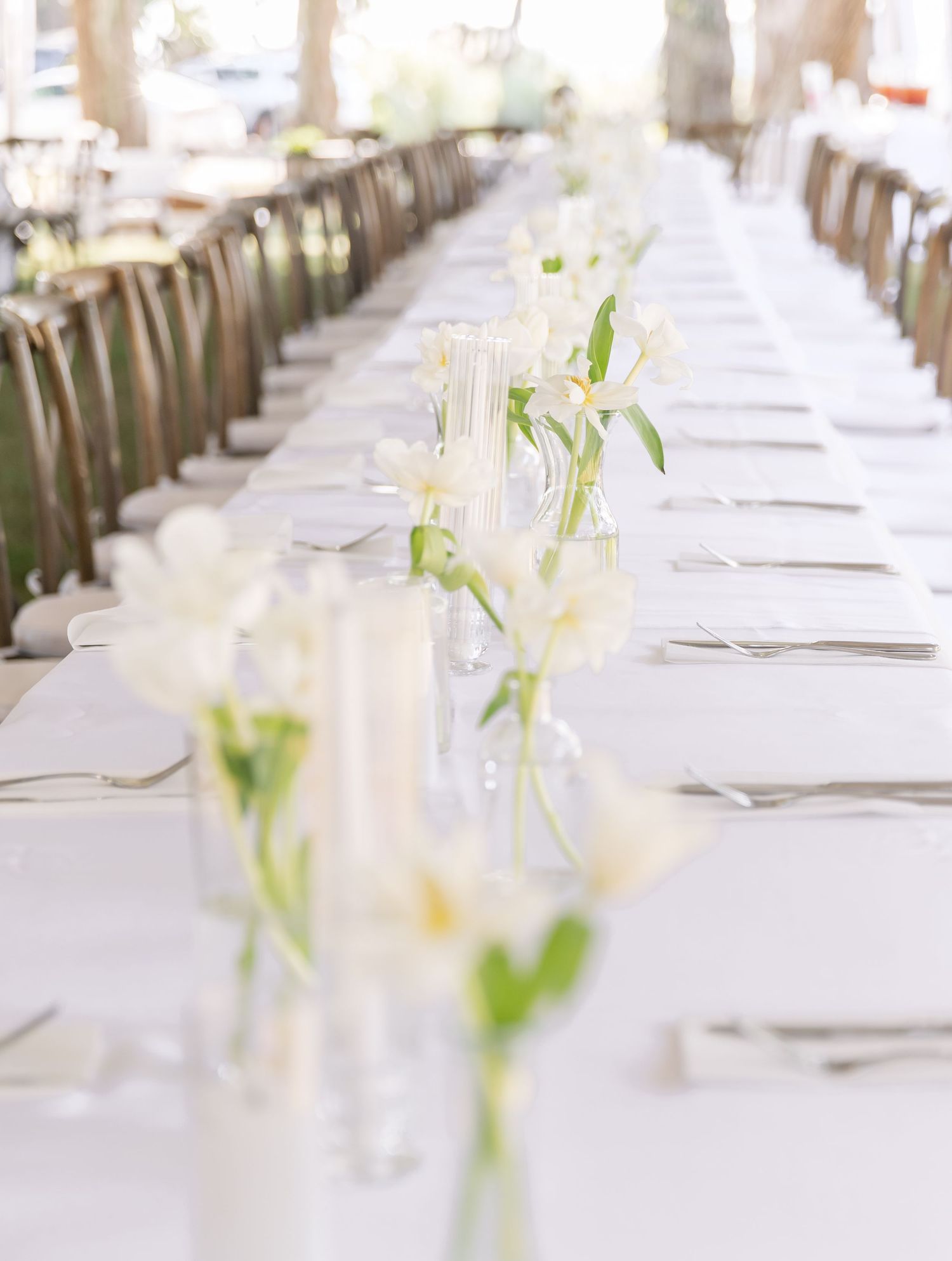 Long elegant dining table set with white linens and simple floral centerpieces in glass vases.