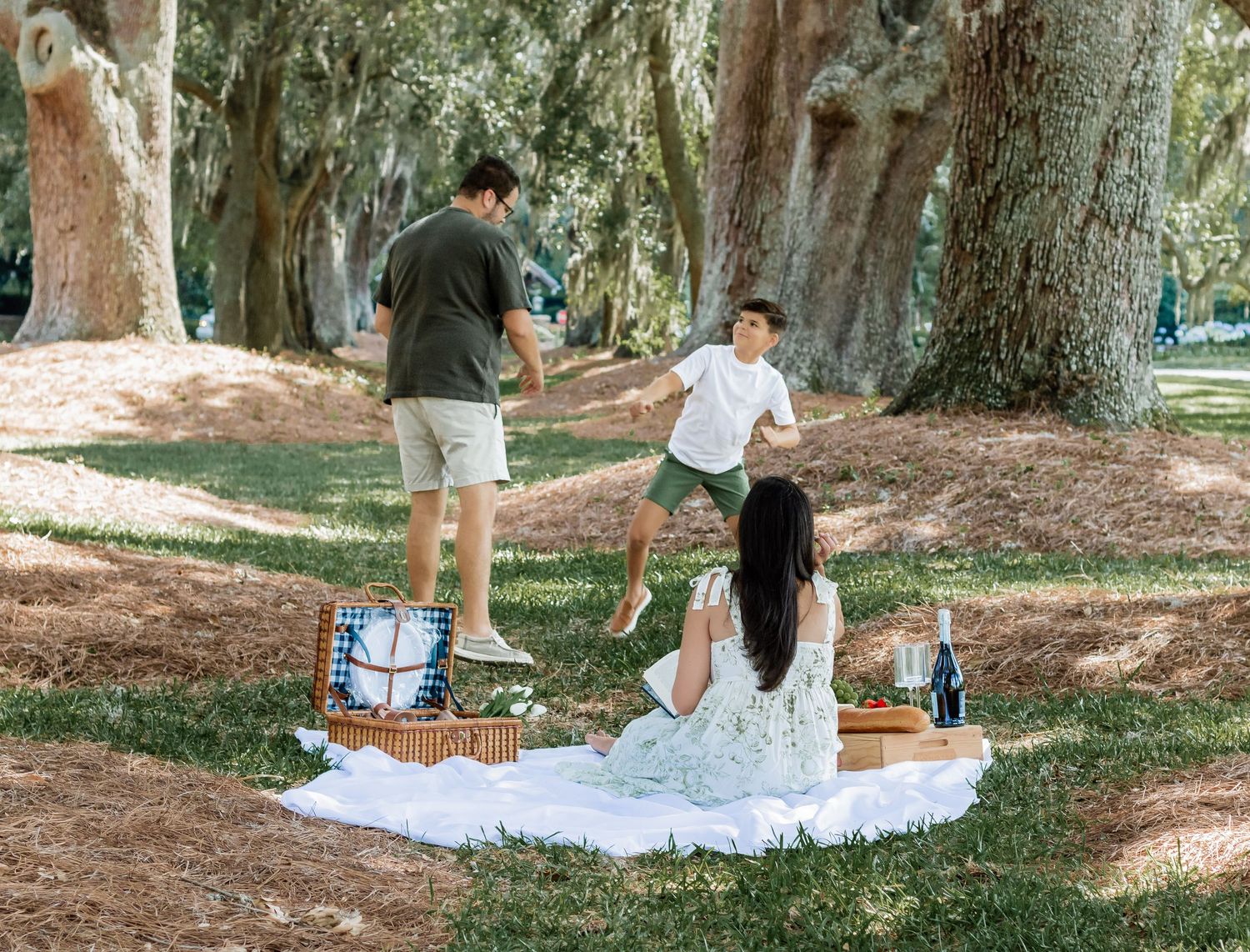 A family plays and dances during their picnic under moss-draped oak trees.