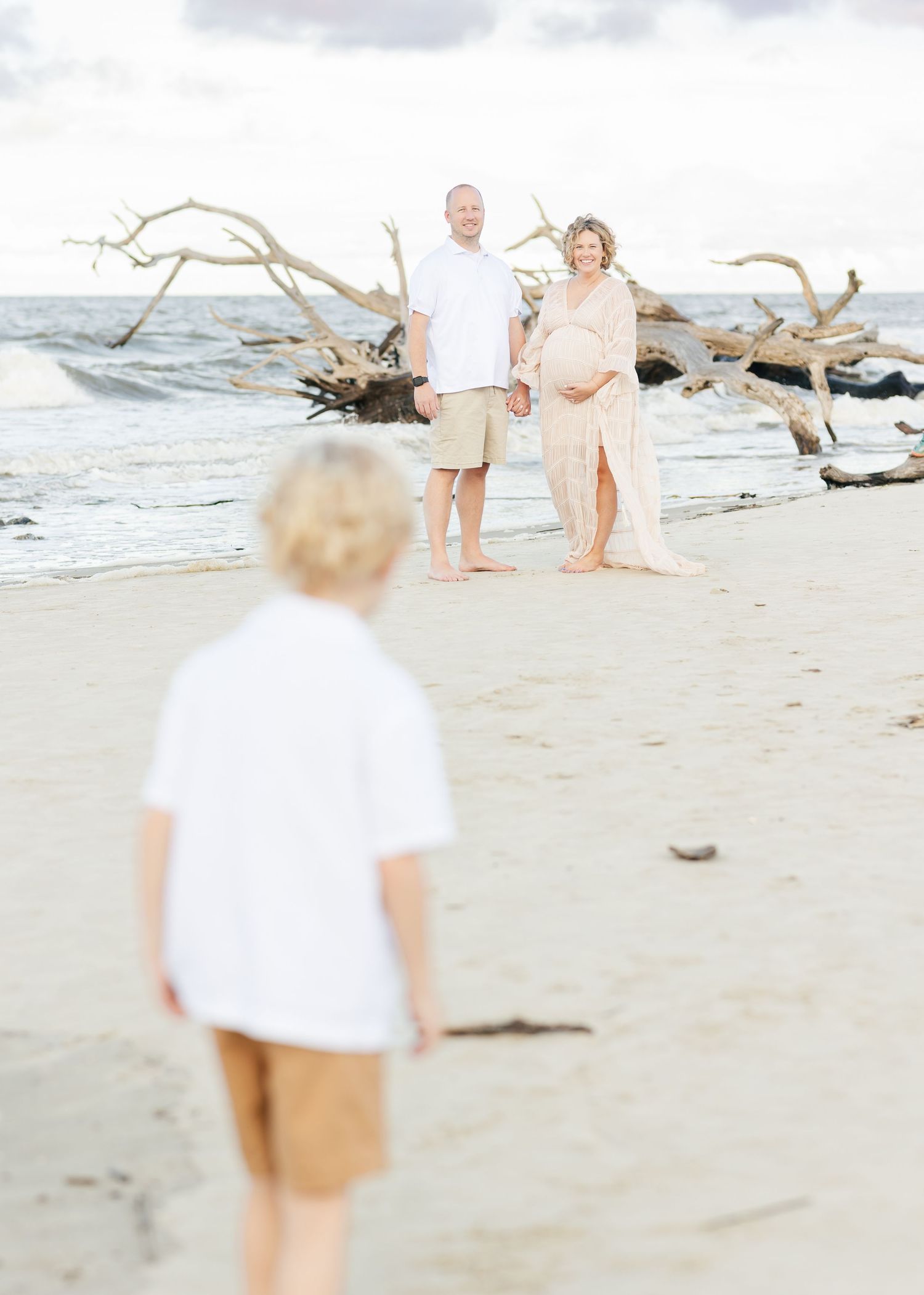 A peaceful beach scene with driftwood and waves in the background.