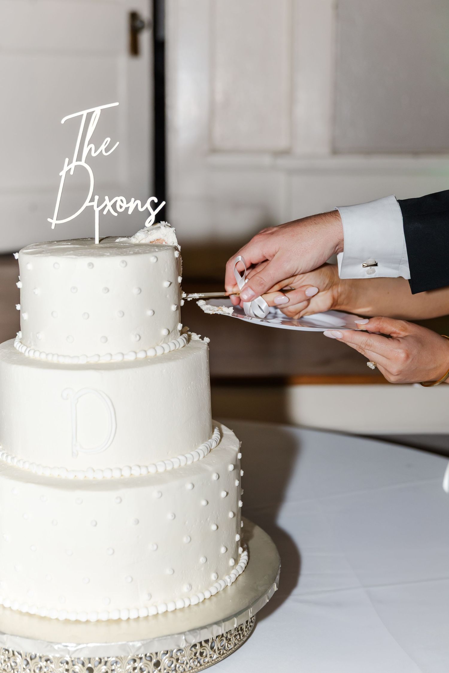Close-up of couple cutting white three-tier wedding cake with The Dixons cake topper.