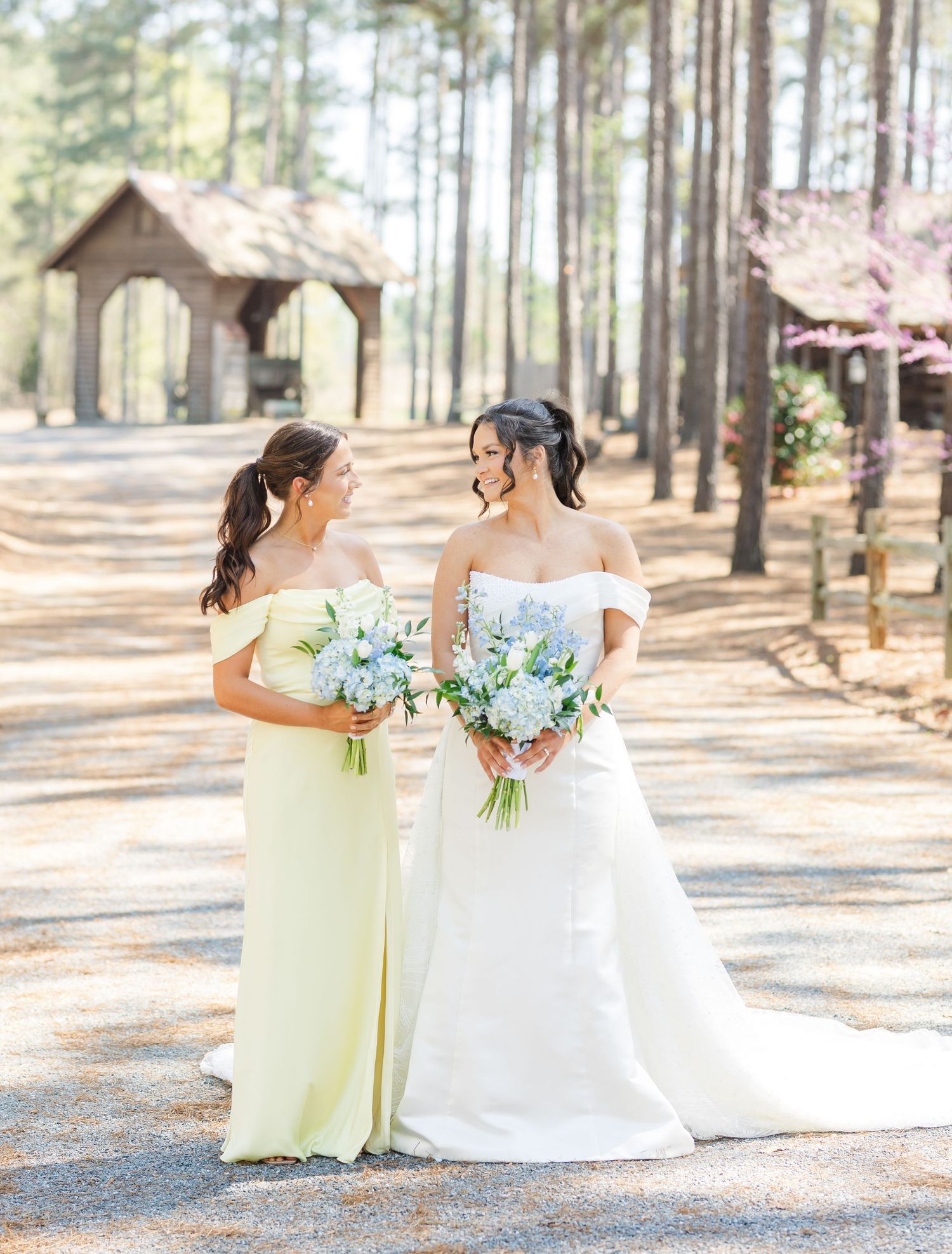 Bride and bridesmaid in yellow gown walk together on pine tree-lined path holding bouquets.