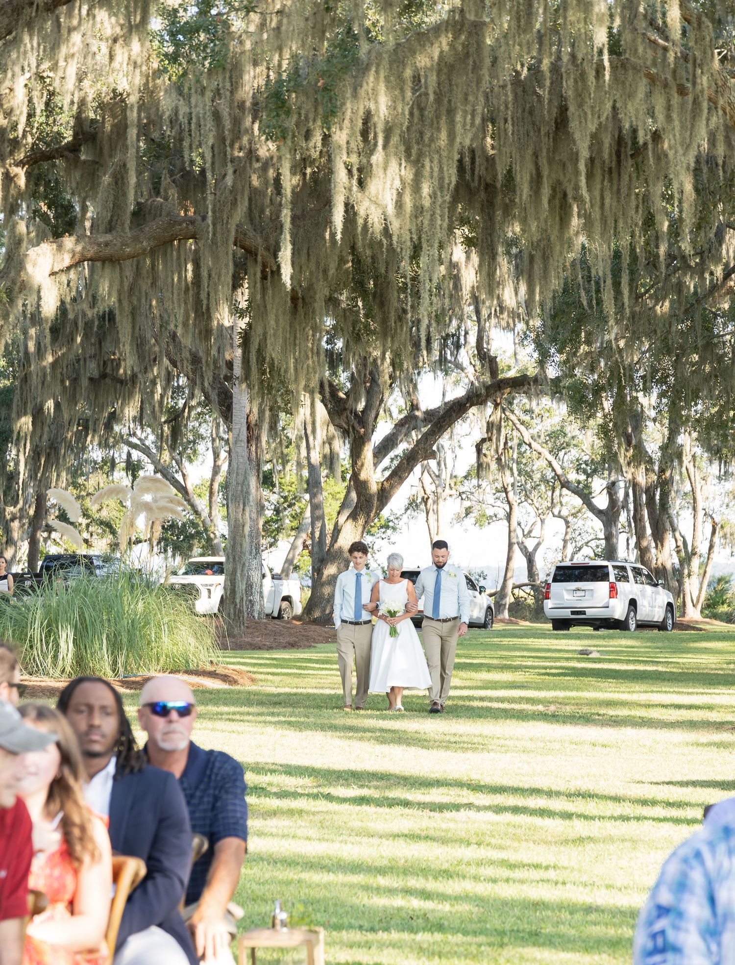 Spanish moss hangs from trees over a grassy lawn with people gathered for an outdoor event.