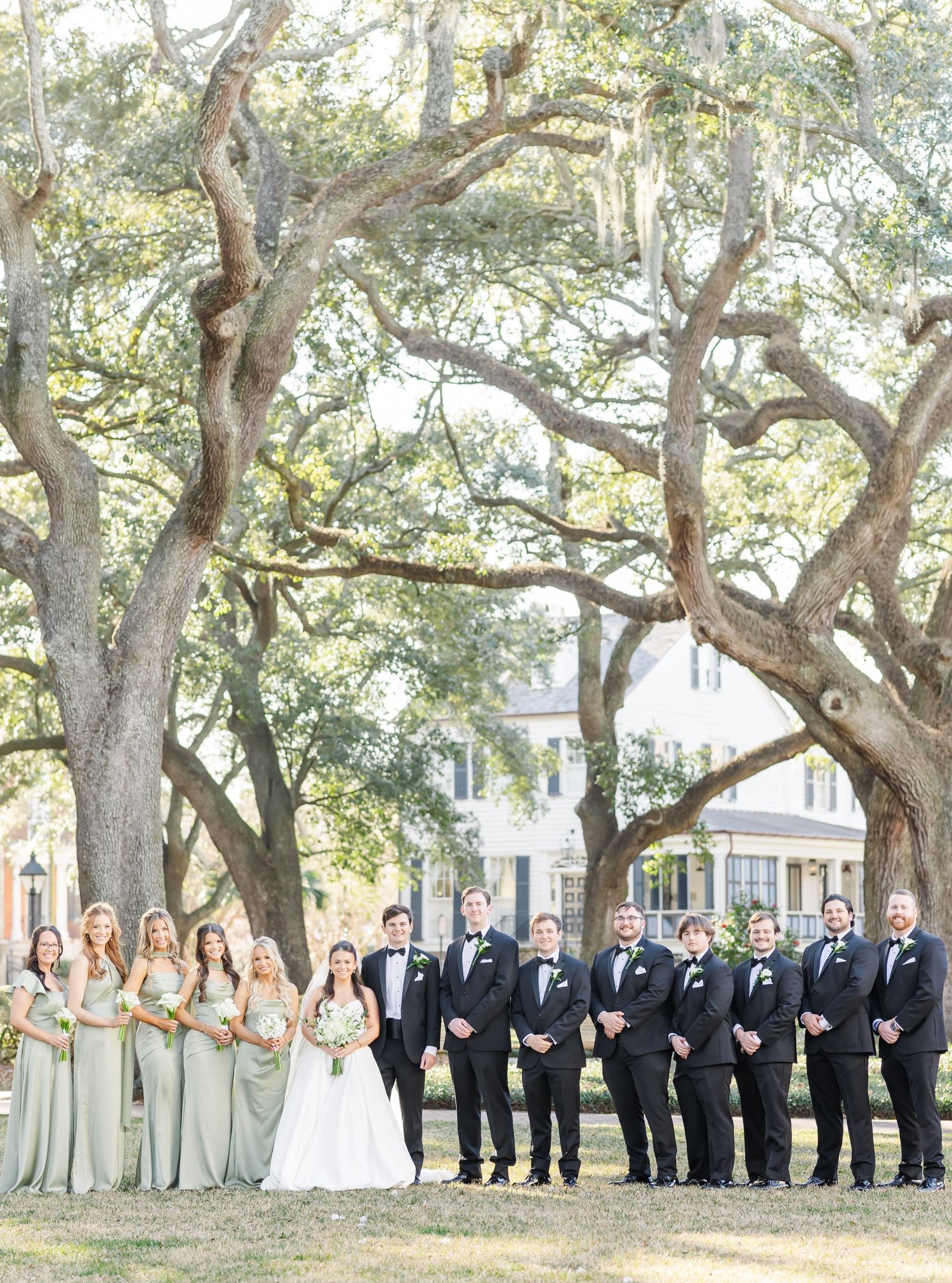 Wedding party poses under majestic oak trees draped with Spanish moss in an elegant outdoor setting.