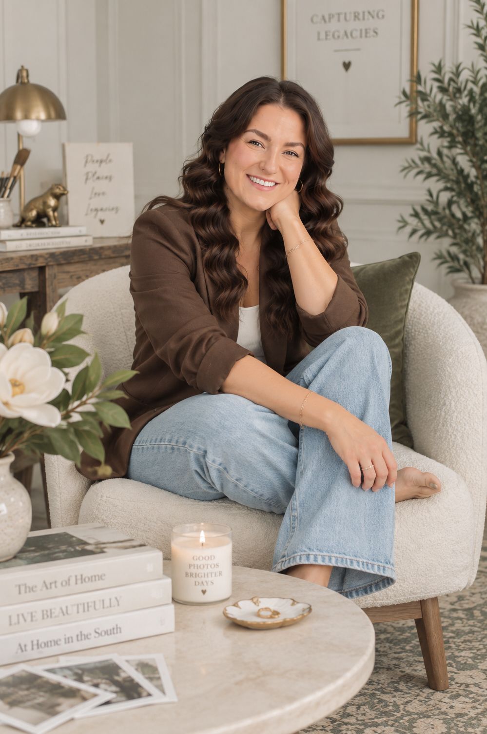 Smiling woman in brown blazer and jeans sits in white chair beside coffee table with books and candle.