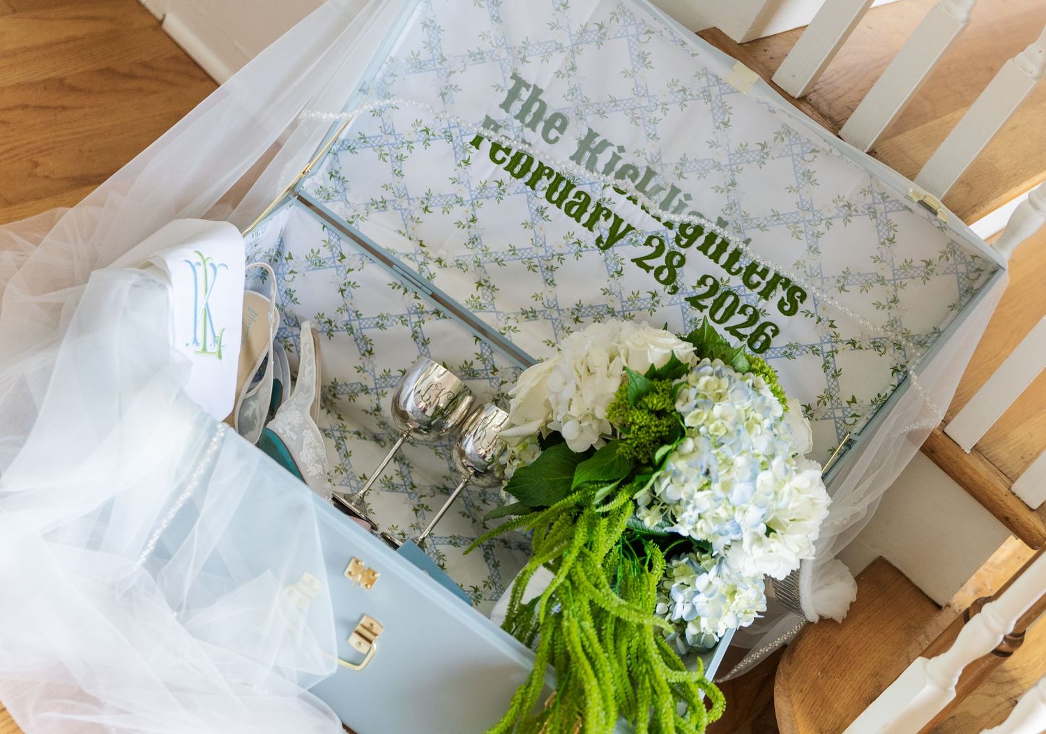 The Kichlighters February 28 2025 wedding keepsake box with hydrangeas and silver champagne flutes.