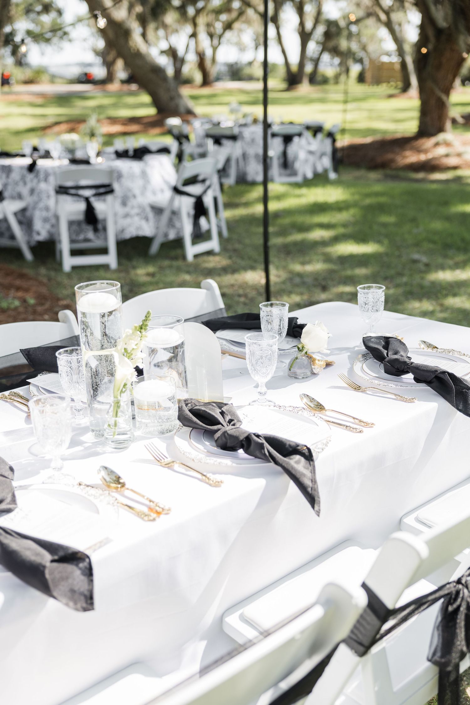 Outdoor wedding reception tables with white linens, gold flatware, black napkins, and glass vases under oak trees.