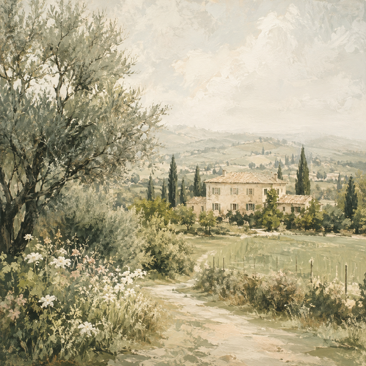 Watercolor painting of a Tuscan villa surrounded by cypress trees, wildflowers, and rolling hills under a soft cloudy sky.