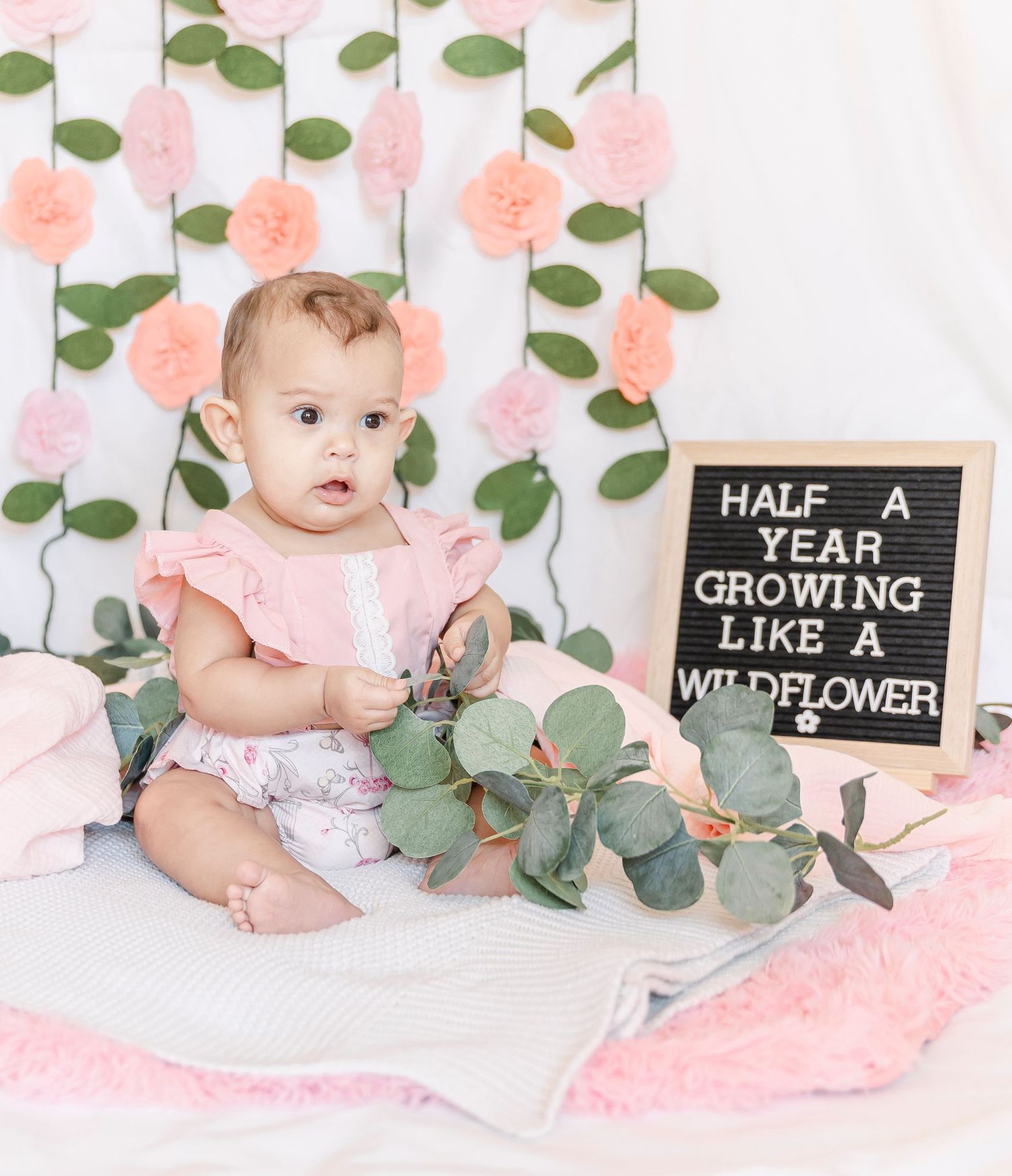 Six month baby photo with eucalyptus decor and letterboard against floral wall backdrop.