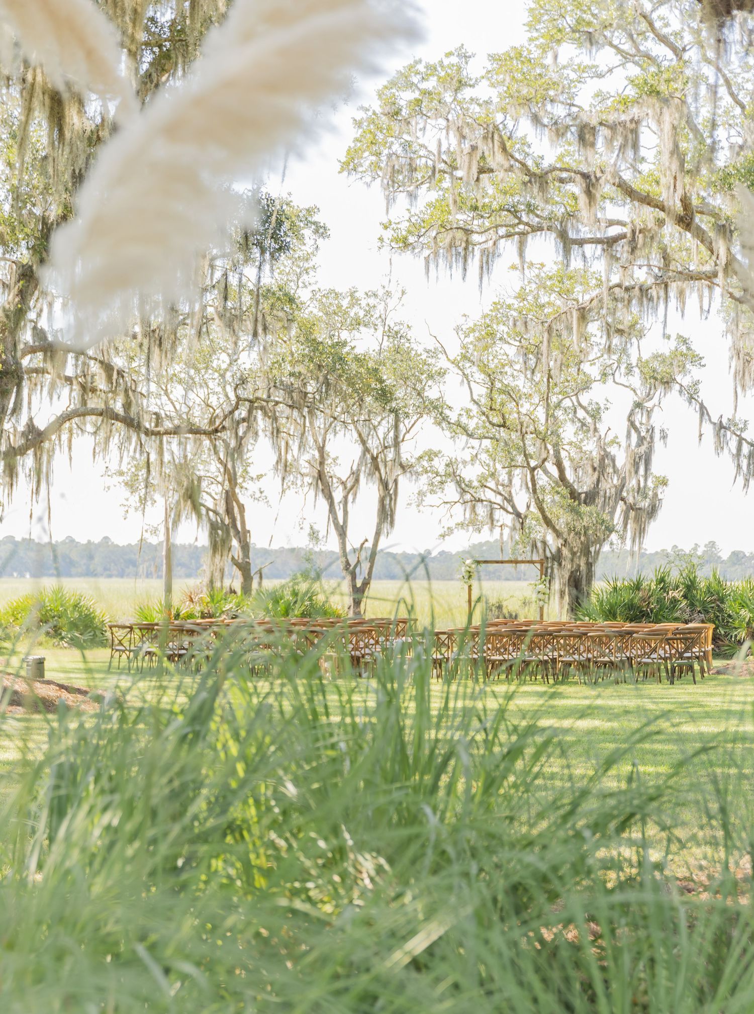 Outdoor wedding ceremony setup with wooden chairs under Spanish moss-draped oak trees in a Southern garden setting.