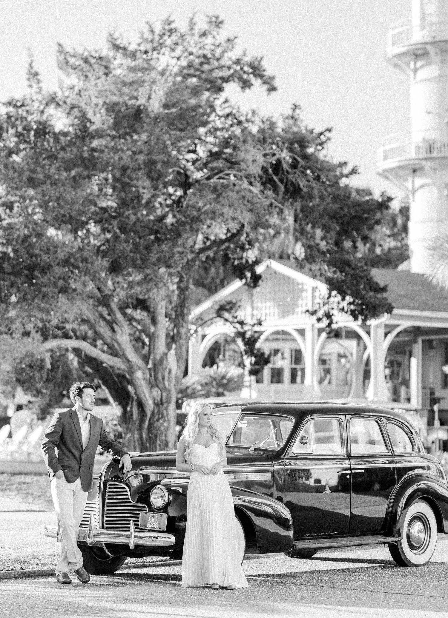 Vintage wedding photos showing a classic car and couple in formal attire posing outdoors.