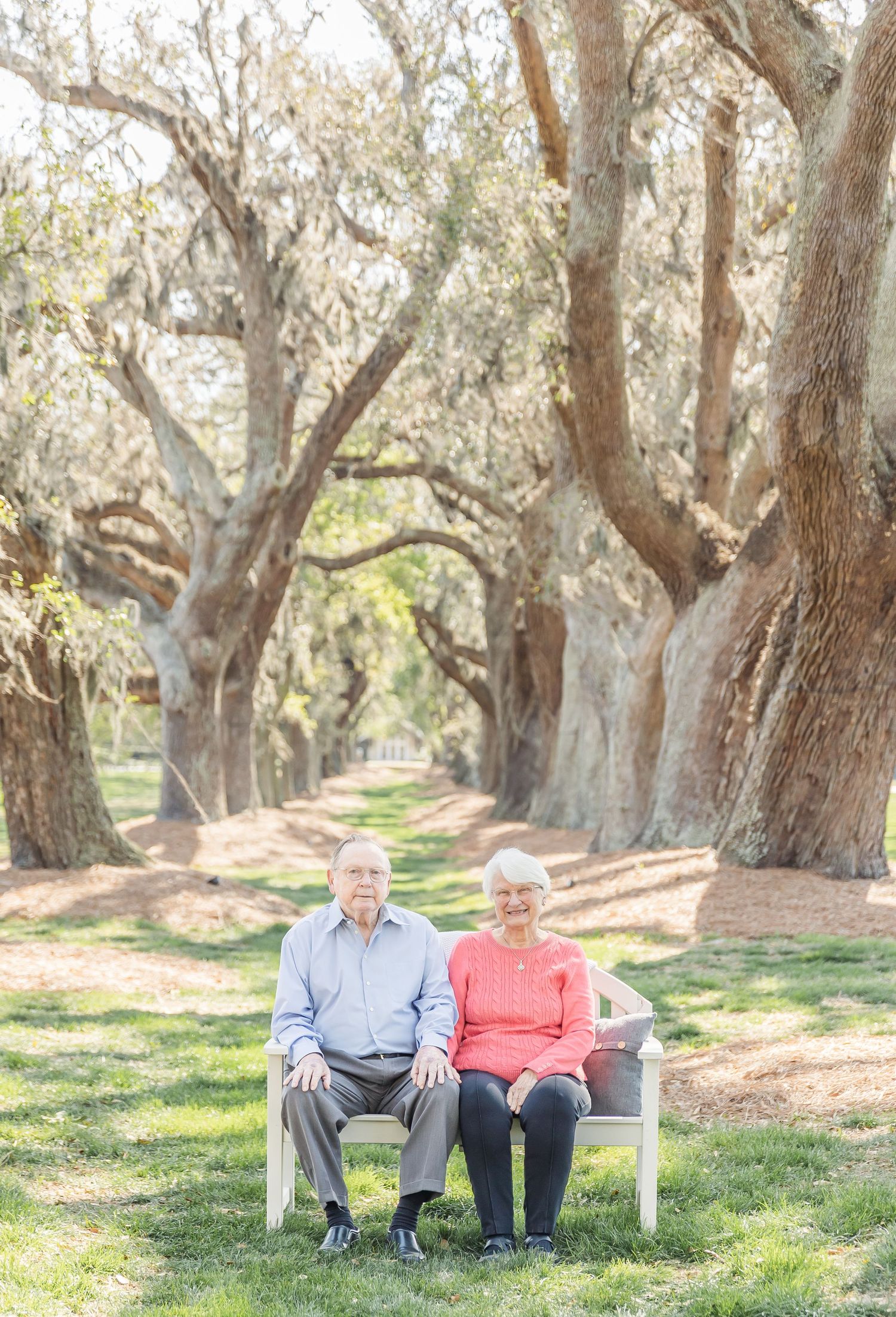 Elderly couple sitting on white bench along tree-lined path with Spanish moss draped oak trees.