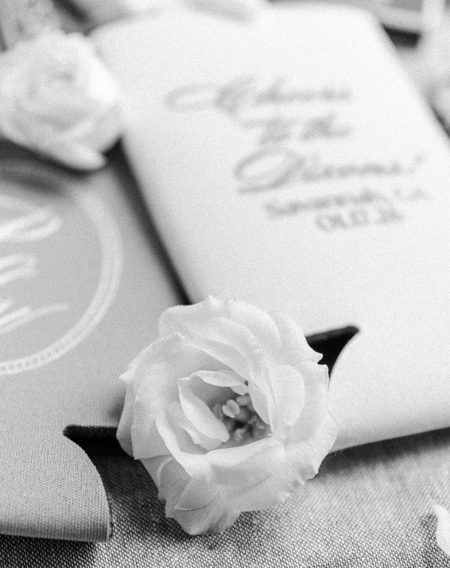 Black and white photo of custom wedding koozies with script lettering and white garden rose.
