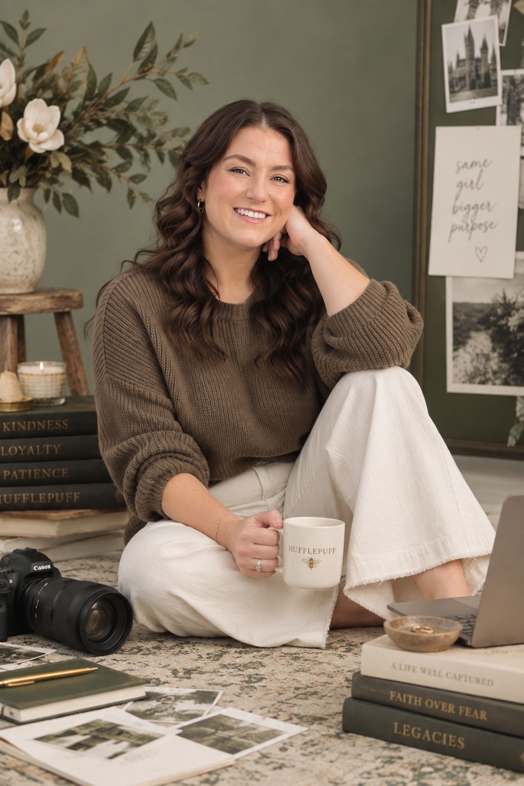 Smiling woman in brown sweater sitting on floor holding a Hufflepuff mug surrounded by books, photos, and a camera.
