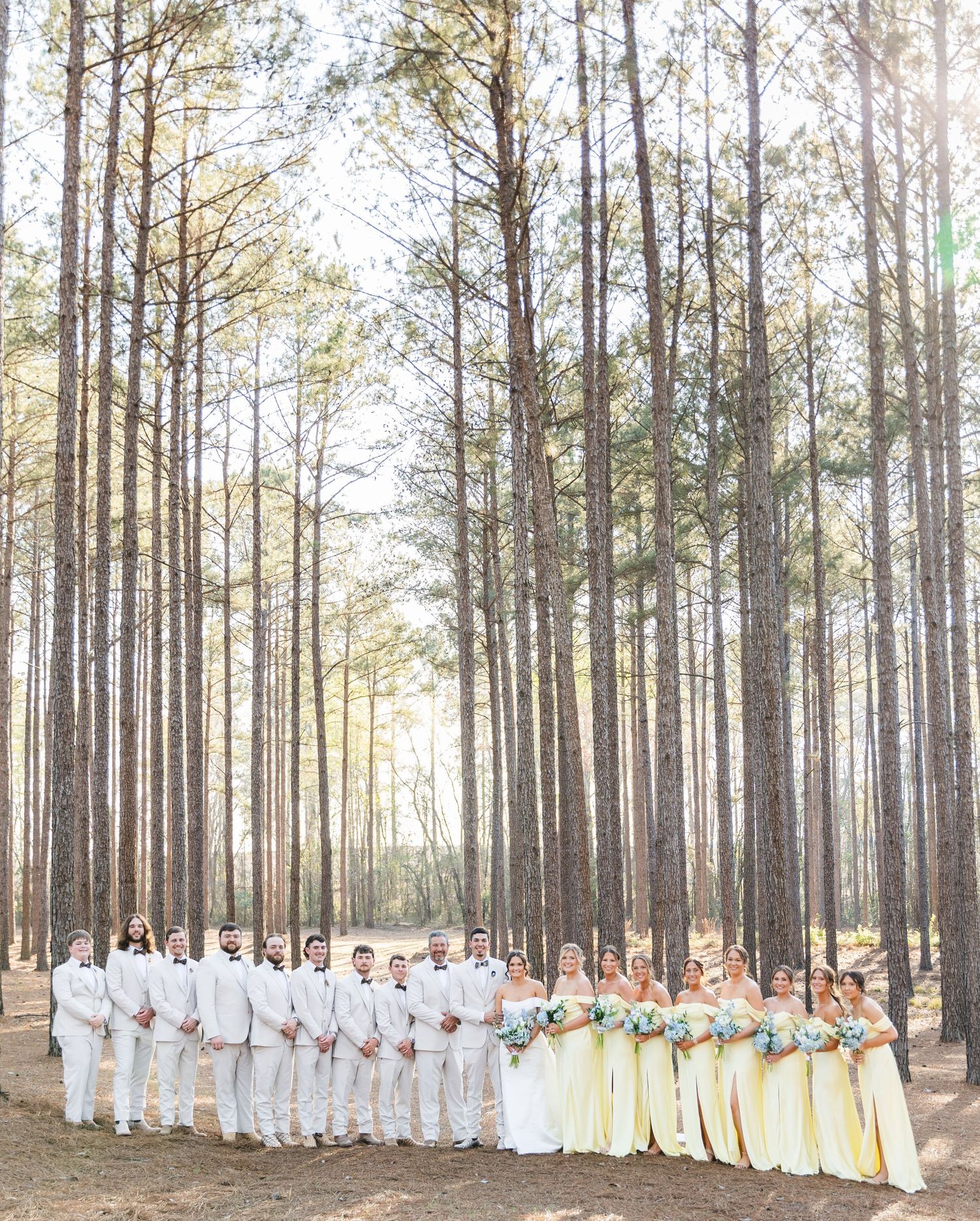 Wedding party lines up among tall pine trees with bridesmaids in yellow and groomsmen in white.