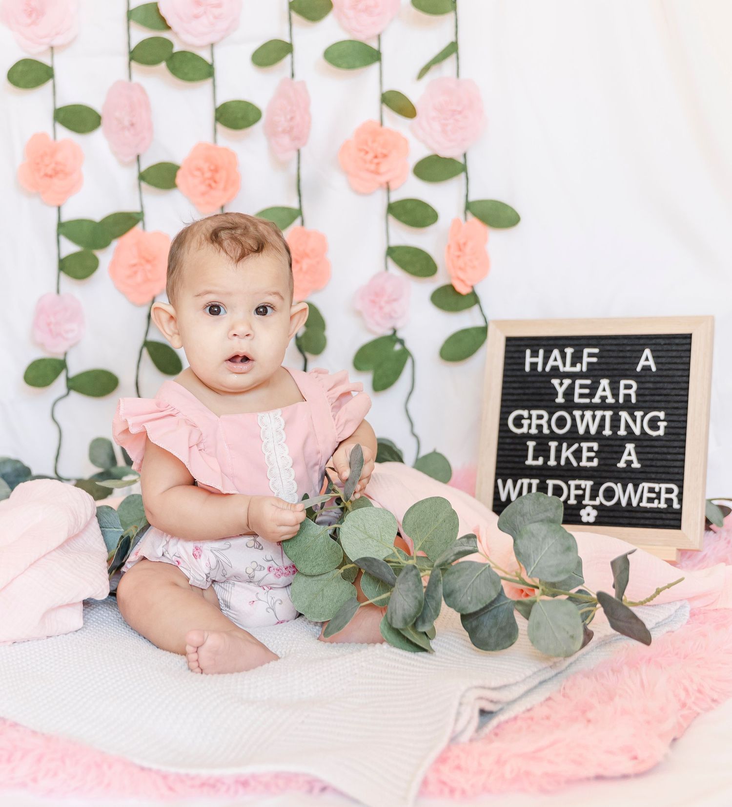 Six month milestone photoshoot with pink floral backdrop and chalkboard sign celebrating growing like a wildflower.
