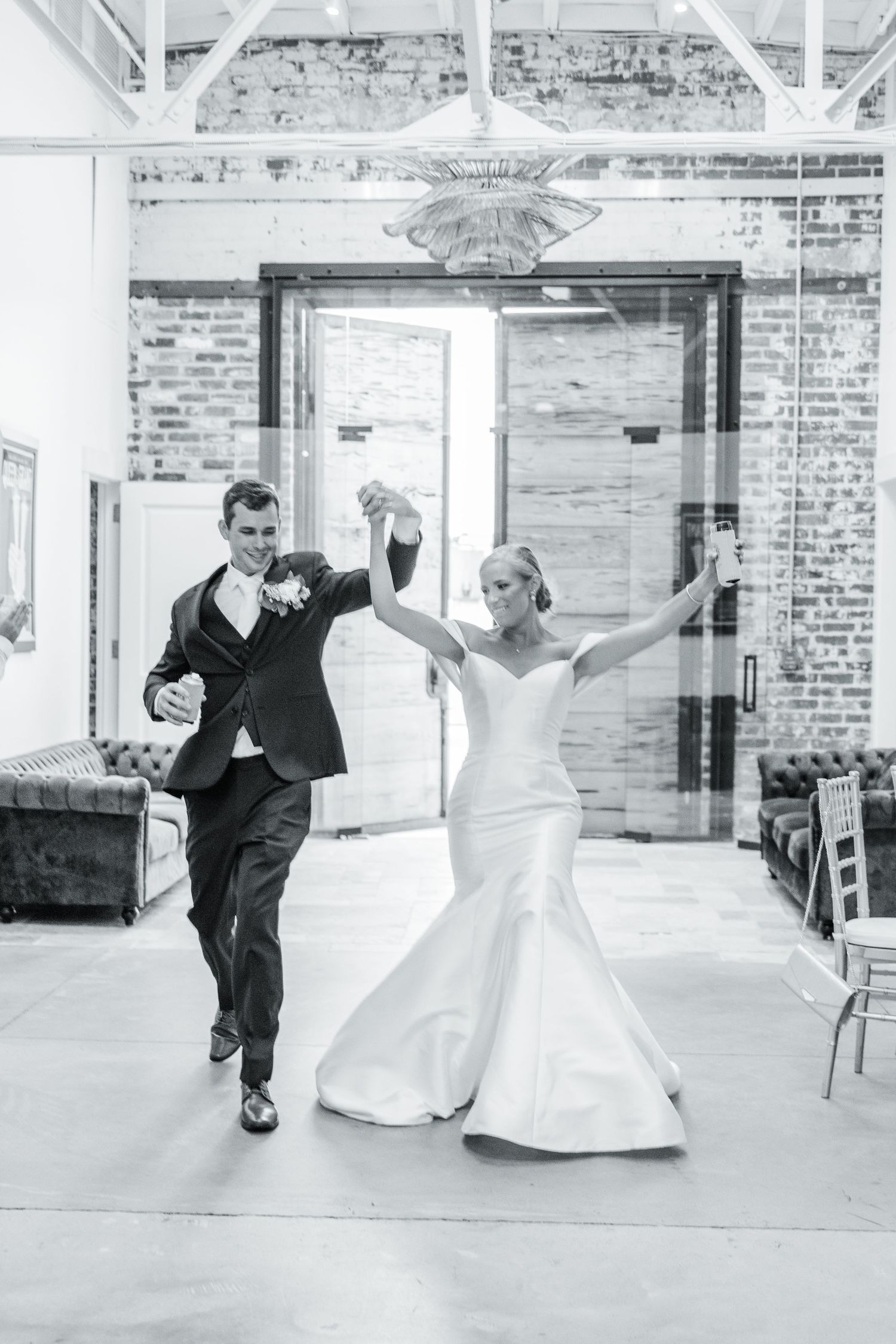 Black and white photos show dancing and celebration in a rustic brick venue.