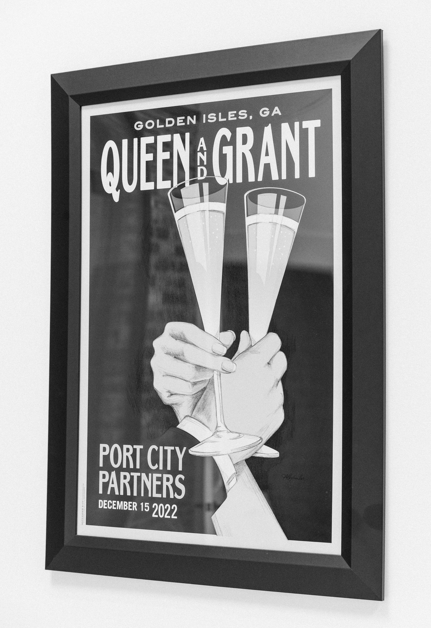 Black and white framed wedding poster for Queen and Grant, Port City Partners, December 15 2022, Golden Isles GA.