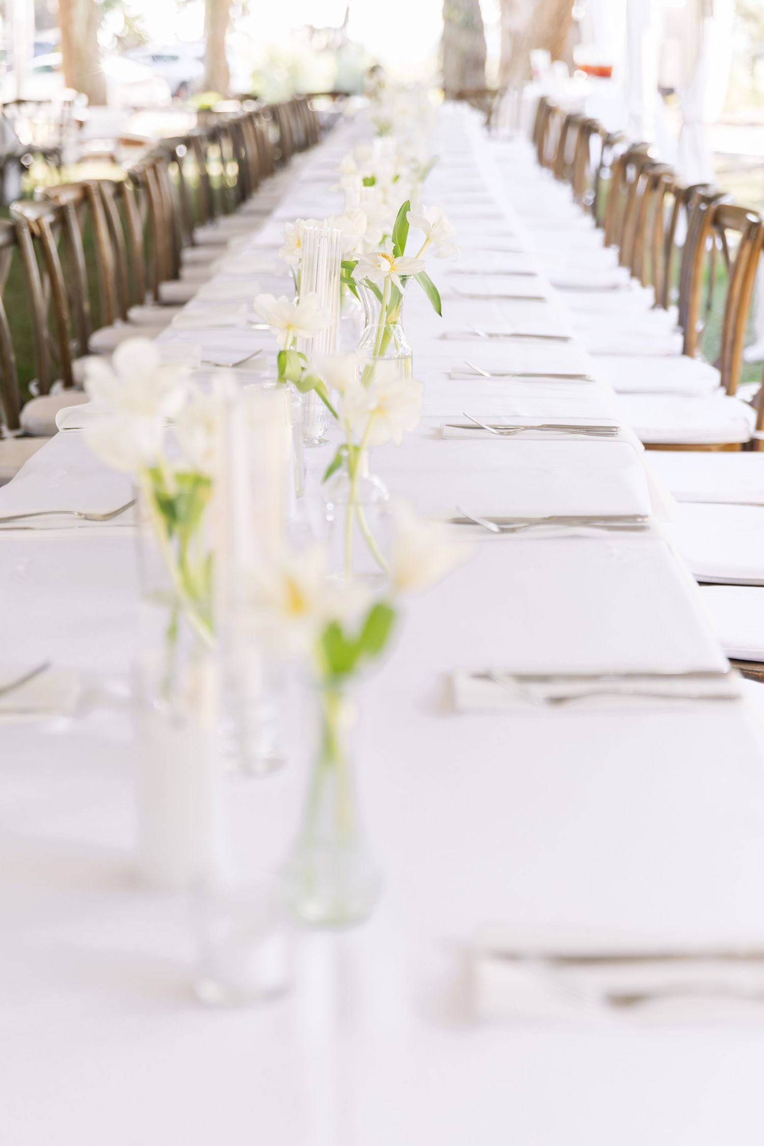 Long white dining table set with elegant place settings and simple floral centerpieces.