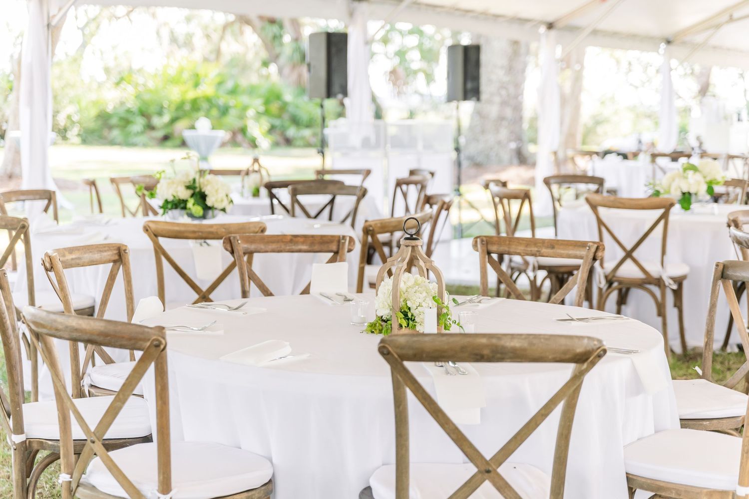White reception tables with crossback chairs arranged under an elegant outdoor tent canopy.